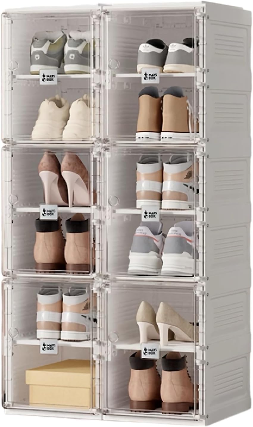 AntBox Portable Shoe Rack Organizer, Stackable Sneaker Organizer Cabinet with Magnetic Door, Folding Design, Clear Plastic Storage Container, 6 Tier 12 Pairs (Clear) - S2-S12-D6