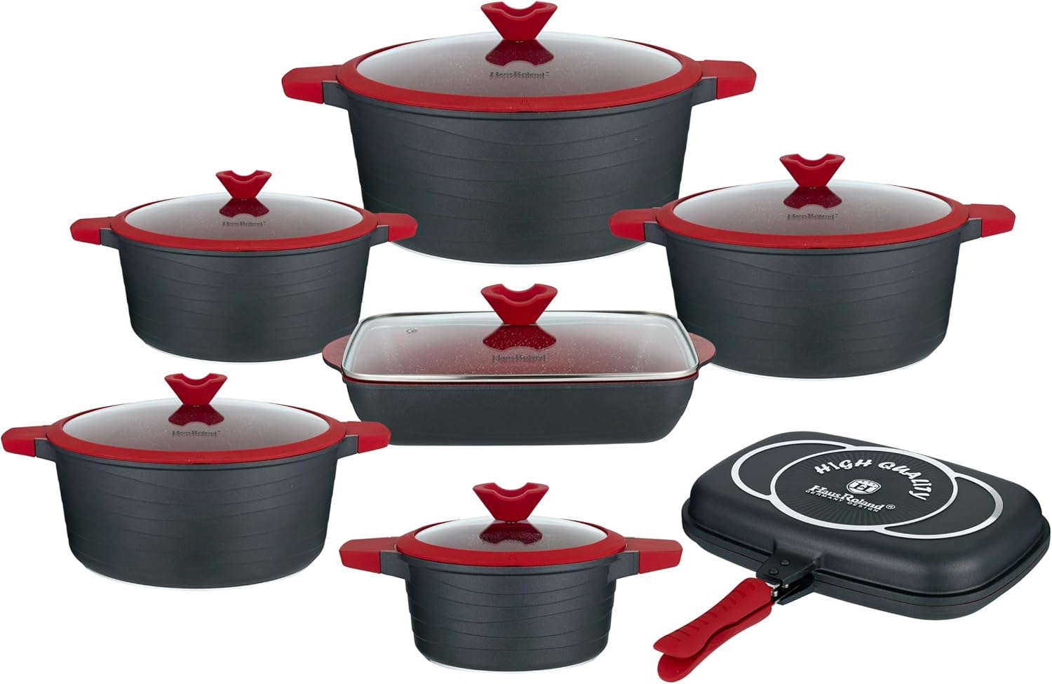 HOMEHUT Trends 14-Piece Cookware Set – Die-Cast Aluminum Pots and Pans with Non-Stick Marble Coating, Induction Compatible Cookware, Tempered Glass Lids – Durable Kitchen Essentials, Red