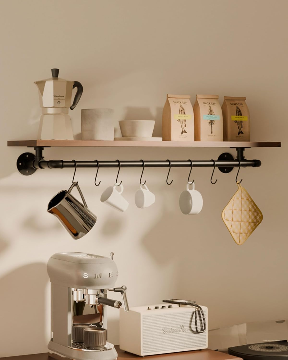 Clothes Shelves 48in, 3-Tier Wall Mounted Garment Rack with Real Walnut Wood Shelf, Heavy Duty Hanging Clothes Rack, Multi-Purpose Hanging Rod, Space-Saving Closet Storage