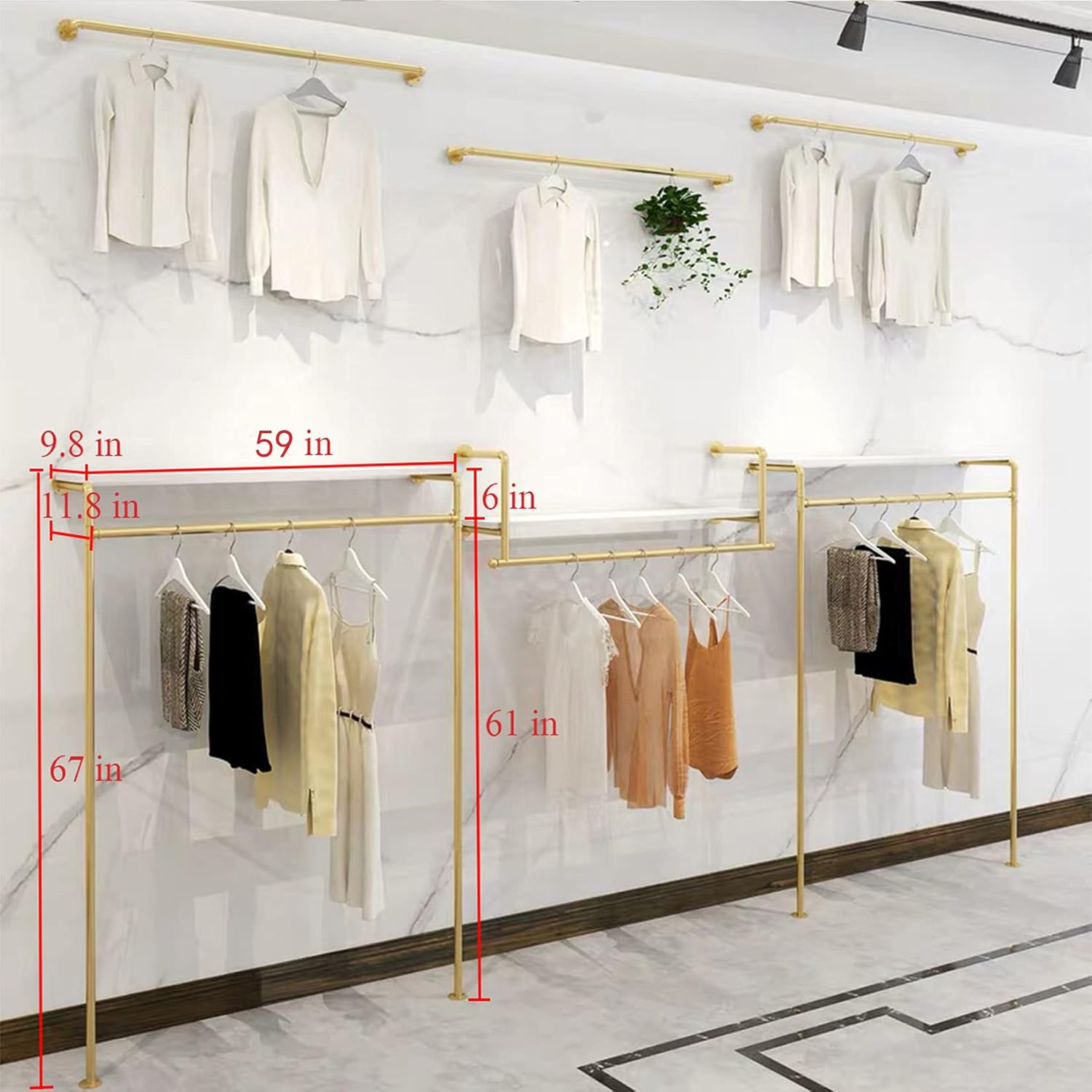 Modern Simple Industrial Pipe Hanging Rods Clothing Rack,Retail Display Wall Mounted Storage Clothes Hanging Shelf, Wood Garment Rack (Gold, 59