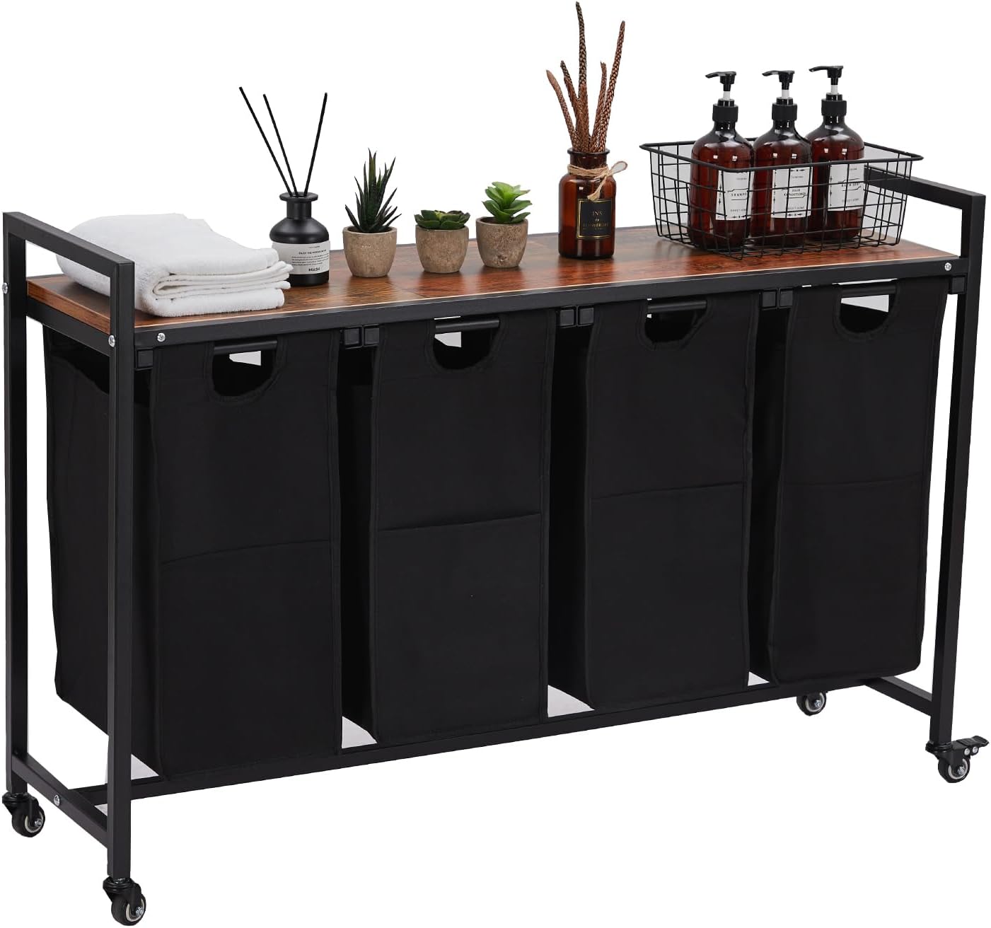 Laundry Hamper, Laundry Basket Organizer Laundry Sorter With 4 Pull-Out and Removable Bags, Wheels and Top Shelf, Dirty Clothes Hamper for Laundry Room Bathroom Bedroom and Dorm