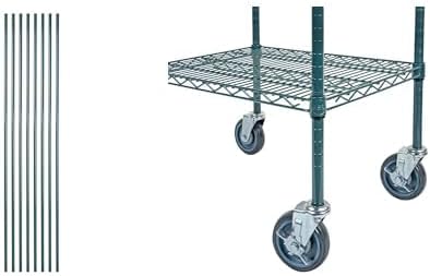 Restaurantware RW Base 18 x 36 Inch Shelving Unit, 4 Wire Storage Shelves - 74 Inch Posts, with Casters, Green Epoxy Steel Garage Shelves, NSF-Certified, 32 Split Sleeves