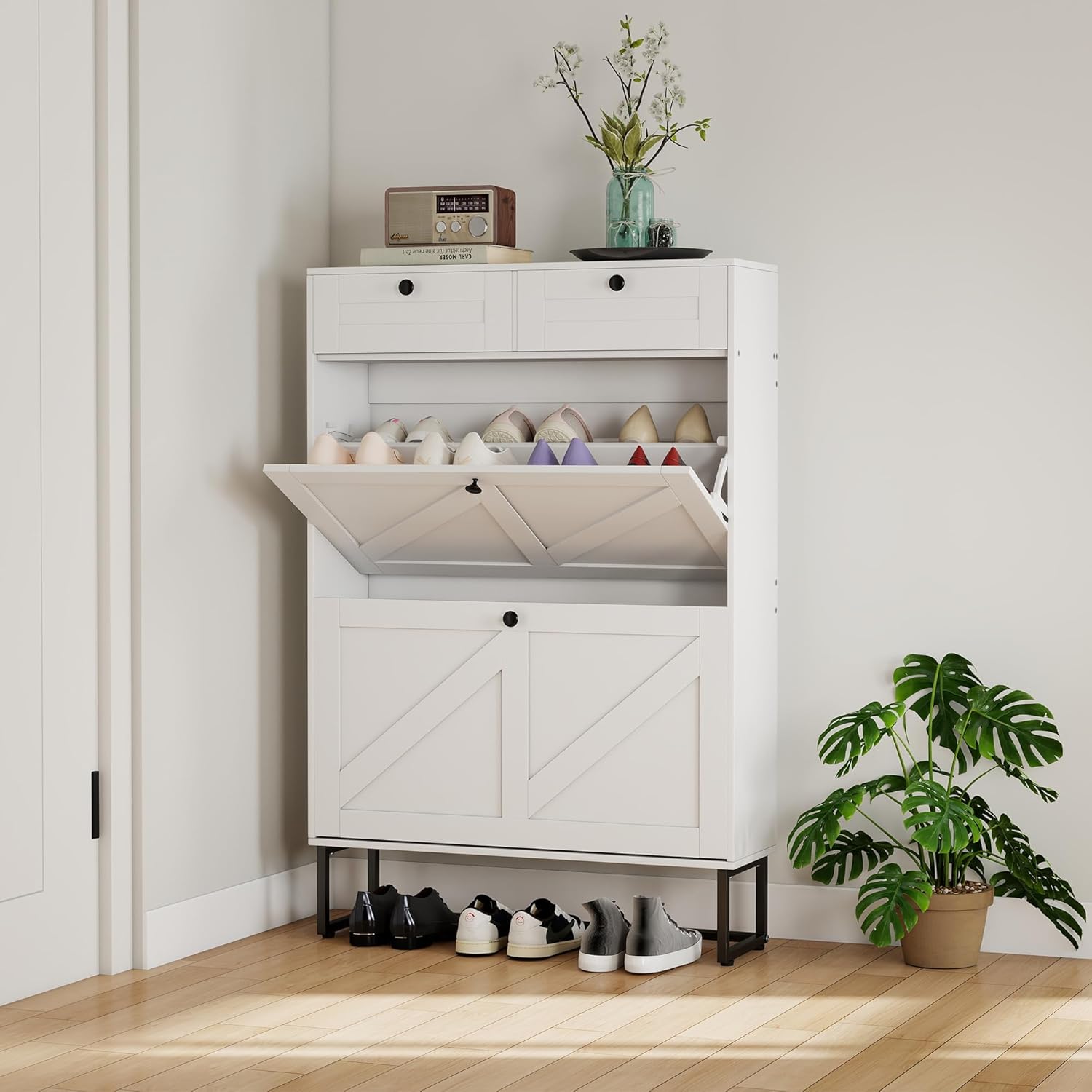 Shoe Cabinet with 2 Flip Drawers Freestanding Shoe Organizer with 2 Fabric Drawers Farmhouse Flip Shoe Storage Cabinet Narrow Shoe Rack Cabinet for Entryway, Hallway, Living Room, White