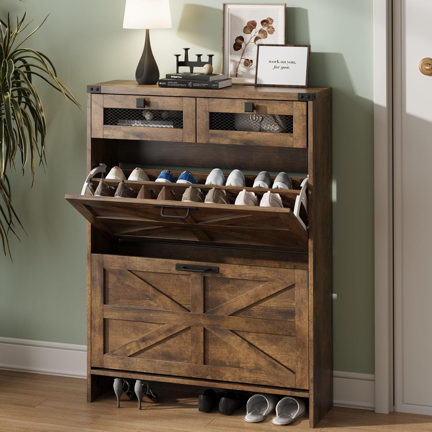 Shoe Cabinet with 2 Flip Drawers& 2 Drawers,Farmhouse Shoe Storage Cabinet for entryway,Narrow Freestanding Shoe Rack Cabinet for Entrance,Brown