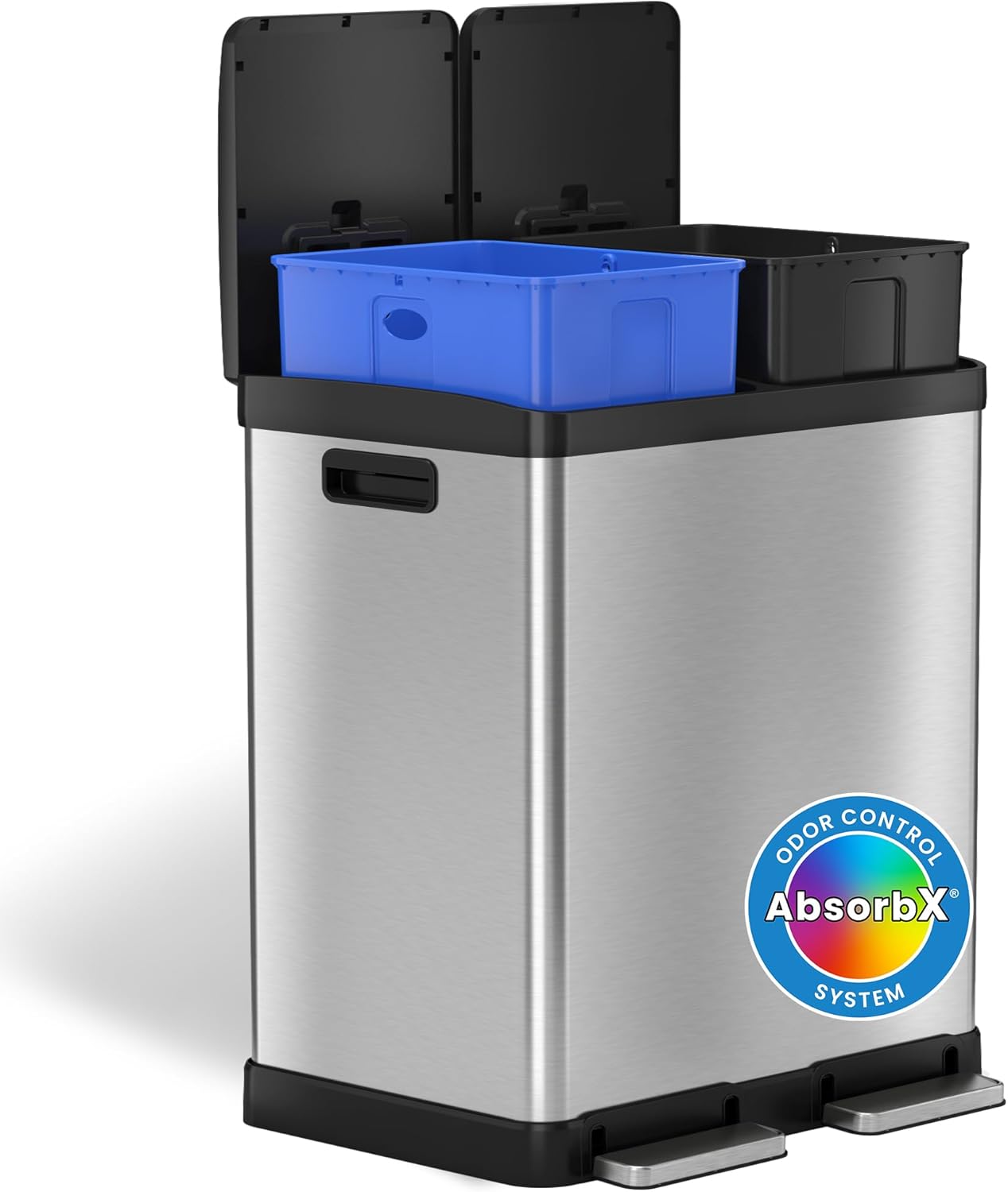 iTouchless SoftStep 60 Liter / 16 Gallon Step Trash Can & Recycle Bin with Activated Carbon Filter Deodorizers, Stainless Steel, 2 x 8 Gallon (30L) Color-Coded Buckets, Soft Close and Airtight Seal