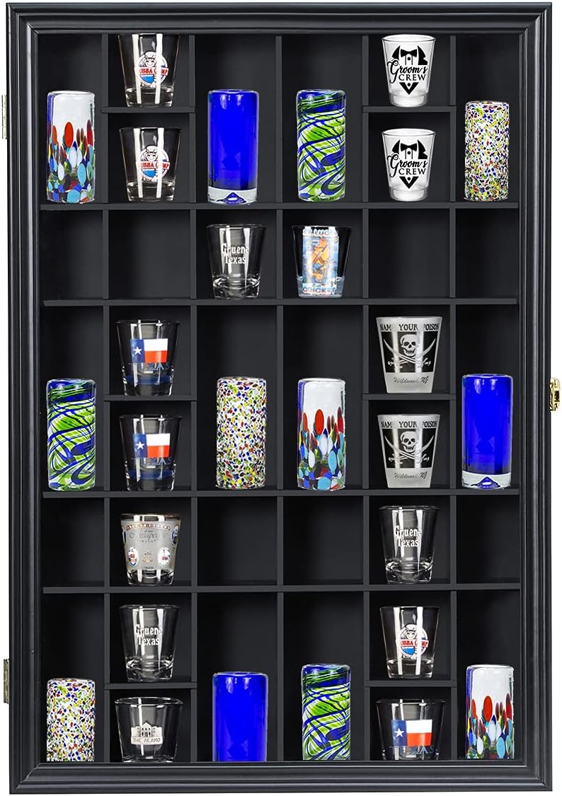 Shot Glass Storage Display Case Large Solid Wood Cabinet Rack Holder Wall Mounted Black Shadow Box Lockable with UV Protection Acrylic Glass Door, 41.3