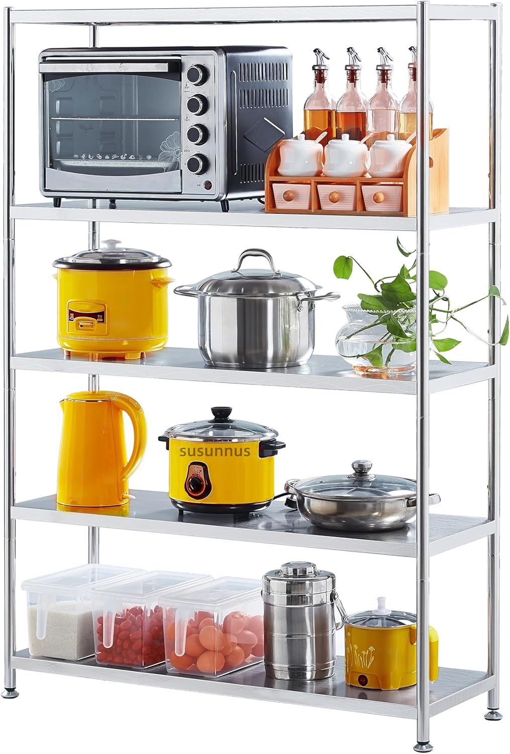 susunnus Stainless Steel Shelves 39.4in-5 Tier, Stainless Steel Shelf Organizer, Kitchen Storage Shelves, Artistic Texture, Pragmatic & Sturdy & Waterproof