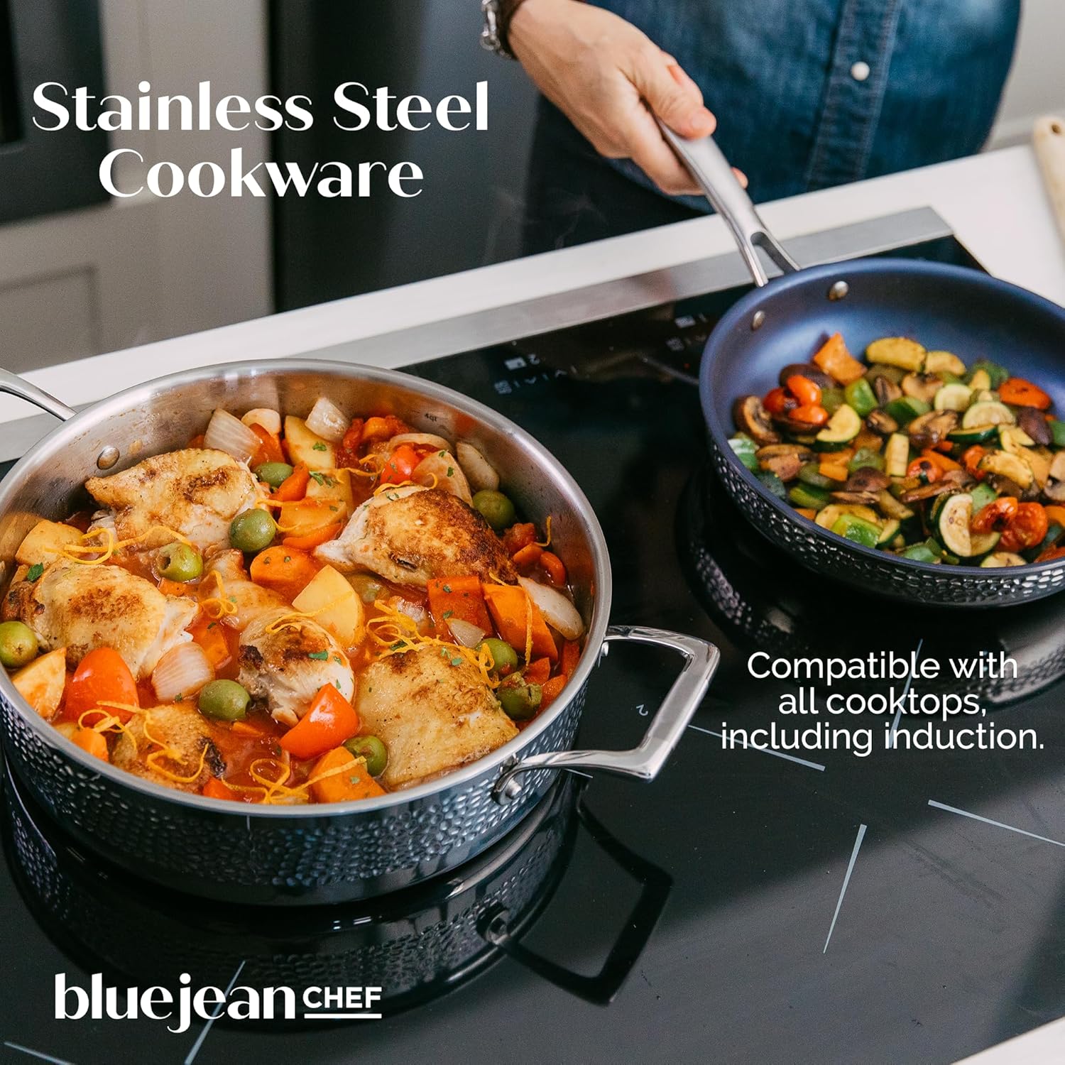 The Blue Jean Chef 3-Piece Stainless Steel Cookware Set, Hammered Finish, Tri-Ply Construction Clad Cookware, Nonstick; Induction, Oven & Dishwasher Safe