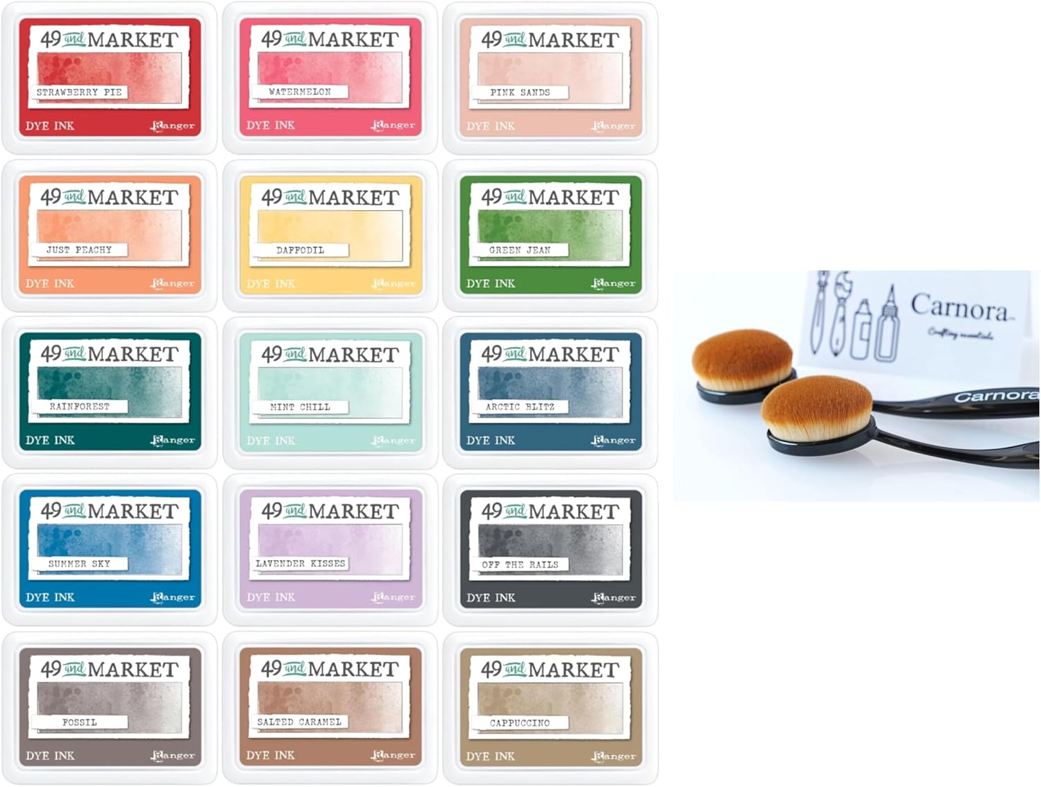 49 & Market Dye Ink Pad Collection by Ranger, 15 Beautiful, Blendable Colors with 2 Carnora Blending Brushes