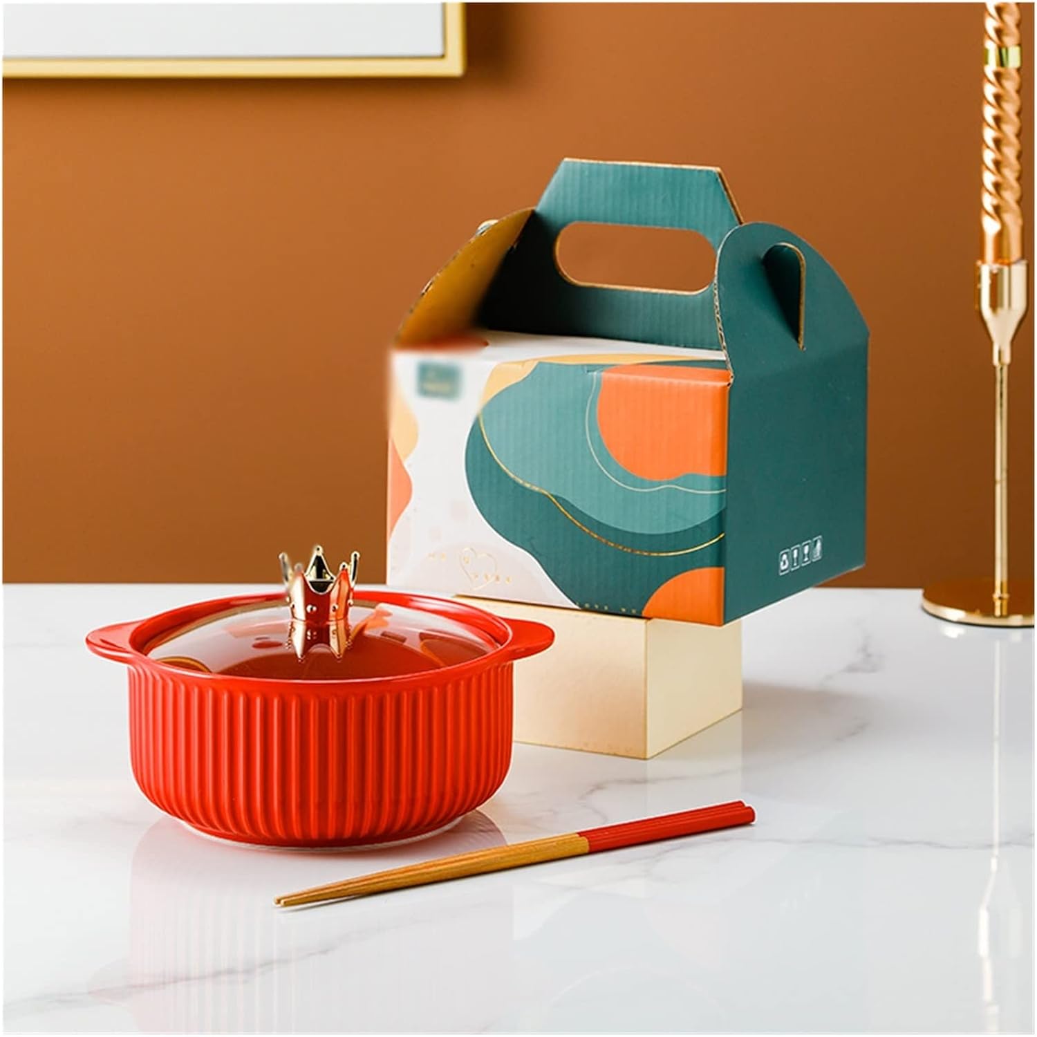 Ceramic Ear Bowl Set with Chopsticks and Glass Cover Lunch Dishes Soup Ramen Dessert Tableware