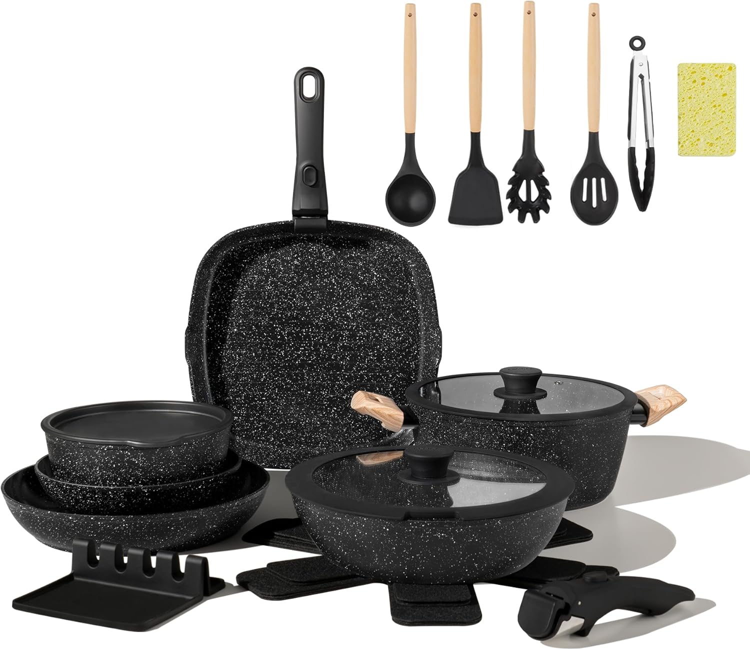23pcs Ceramic Pots and Pans Set, Nonstick Detachable Handle Cookware, Induction Kitchen Cooking Set with Removable Handle,include Frying Pans & Saucepans Oven Safe (Black)