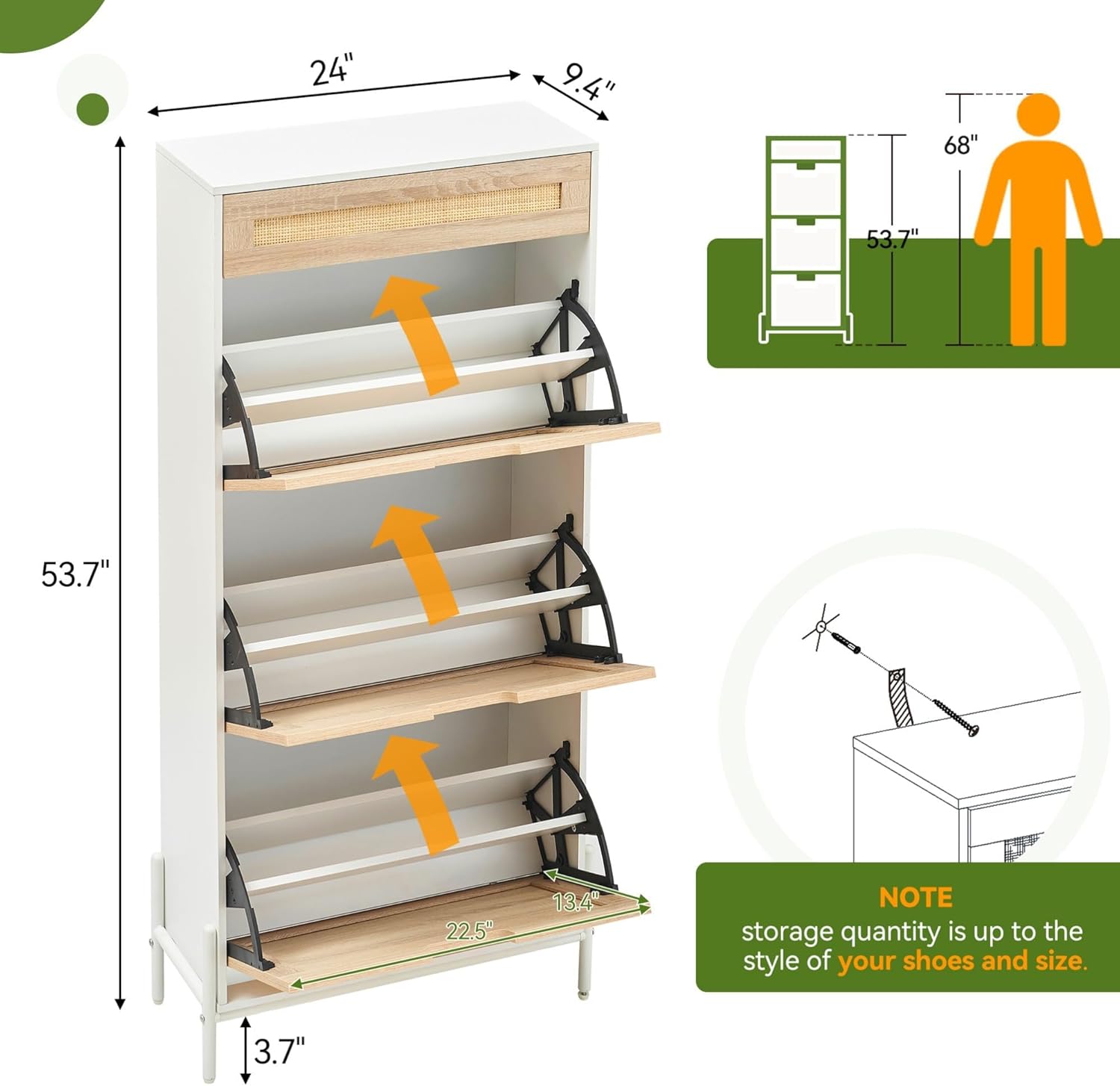 GarveeHome Natural Rattan Storage Cabinet with 3 Flip Doors and 1 Drawer, Entry Way Shoe Storage Cabinet with Adjustable Shelf, Freestanding Entrance Shoe Cabinet for Entryway, Hallway, White and Oak