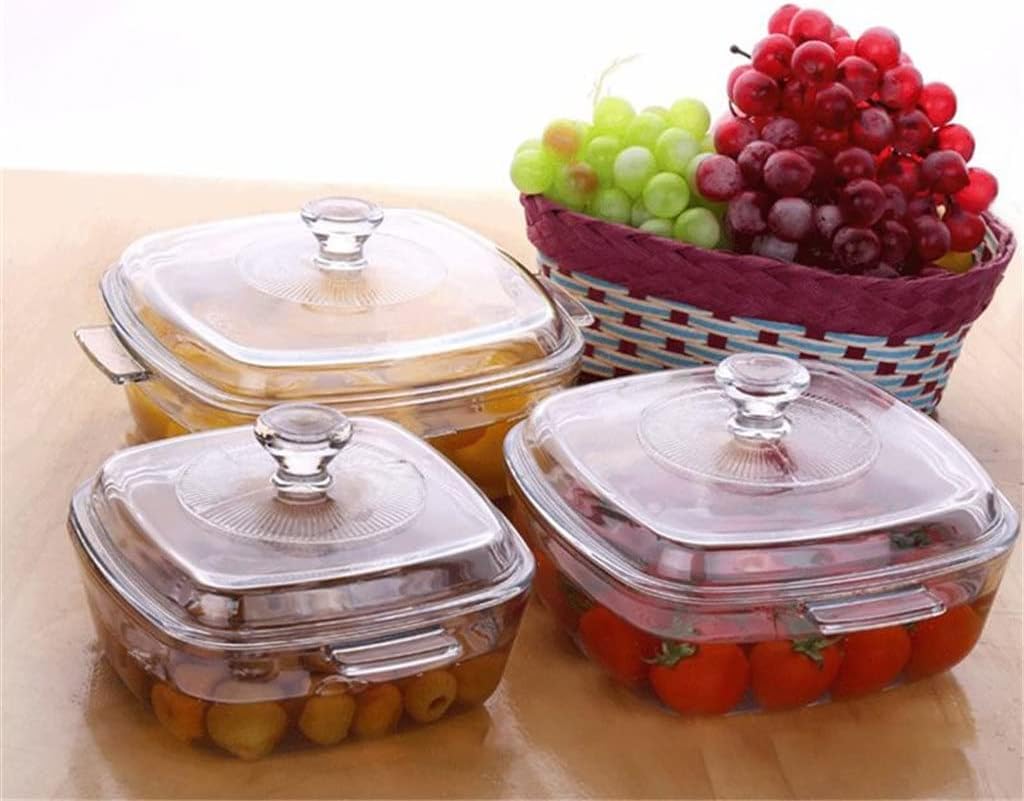 Household Glass Bowl with Lid Microwave Oven Heat-Resistant Square with Cover Dessert