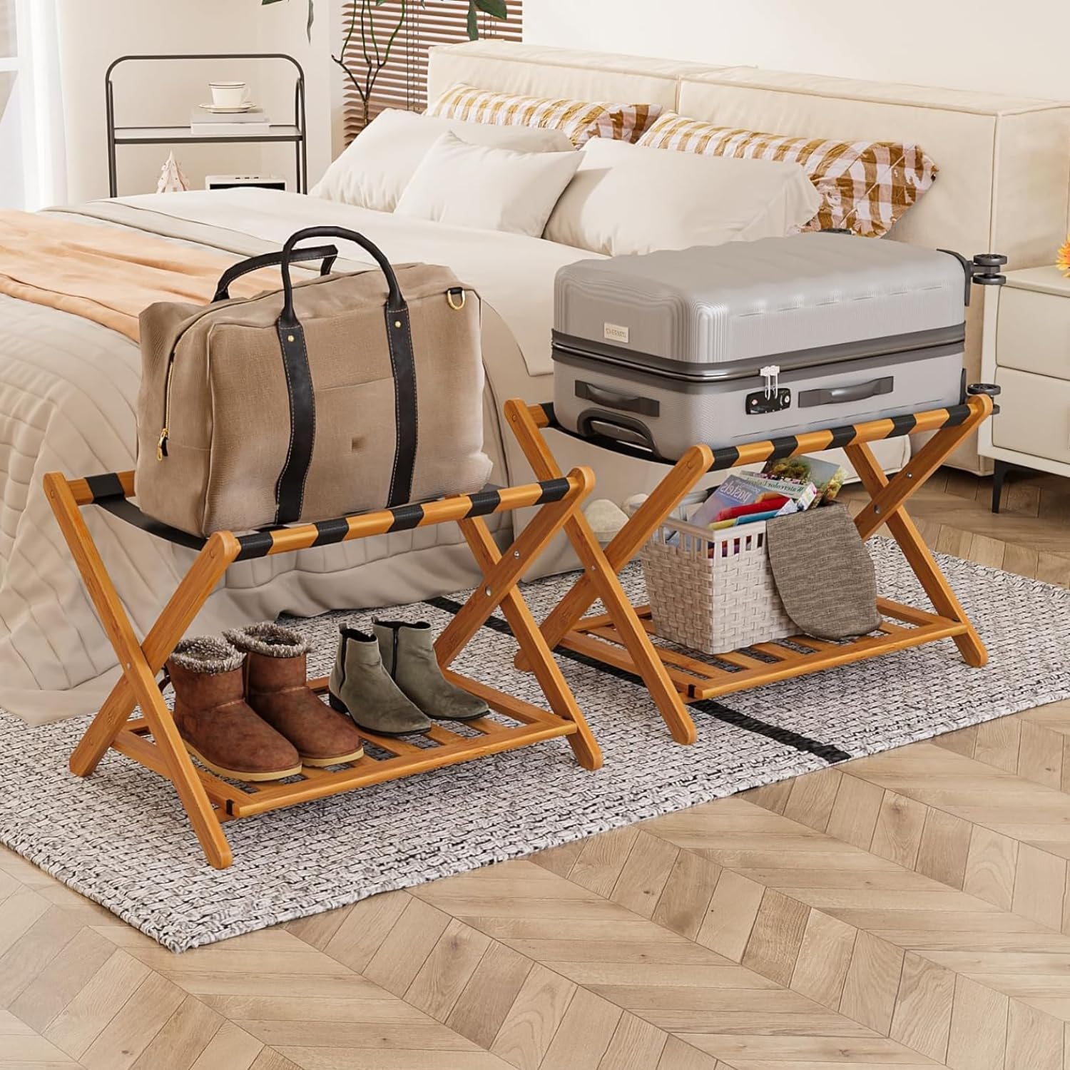 Pack of 2 Fully Assembled Bamboo Luggage Racks with Shoe Shelf, 5 Heavy-Duty Straps Folding Suitcase Stand, Luggage Holders for Guest Room Must Haves, Ideal for Bedroom, Hotel, Honey Oak
