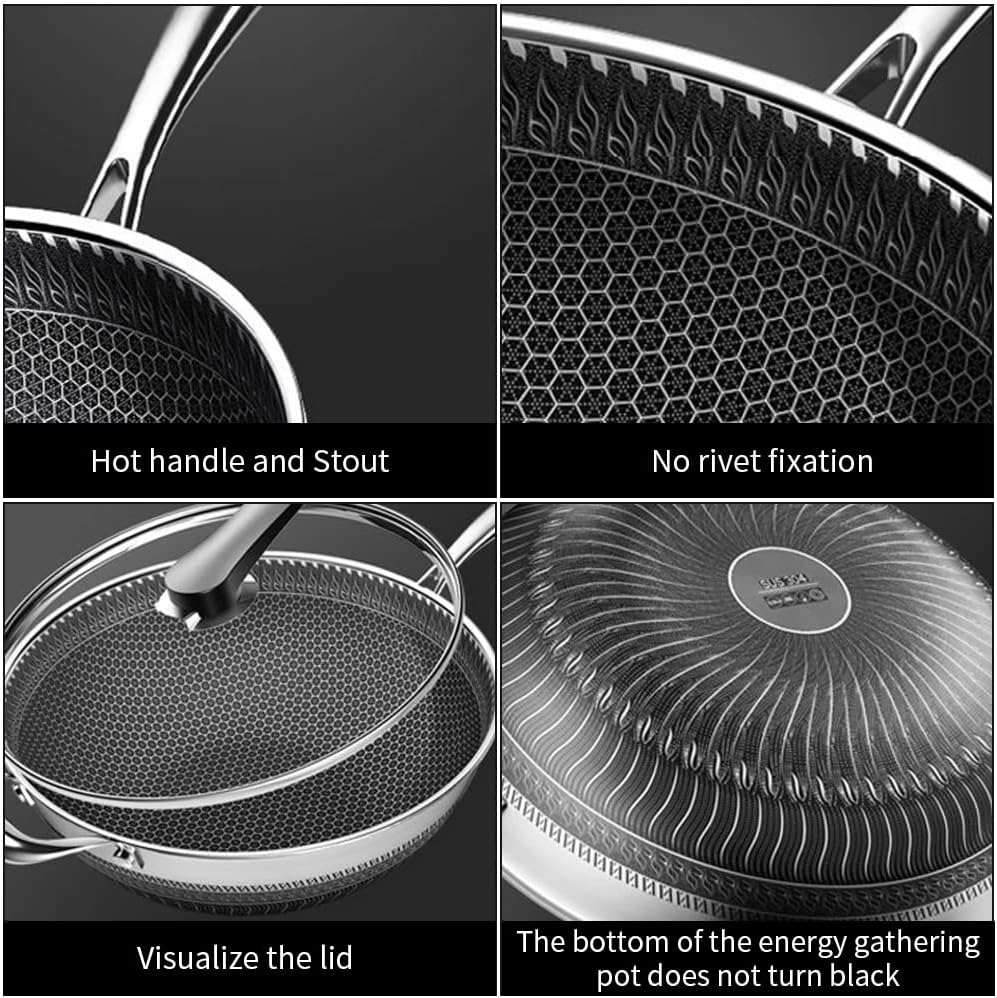 Double-Sided Screen Honeycomb Stainless Steel Wok Without Oil Smoke Frying Pan Non-Stick Cookware Kitchen Cooking Pot
