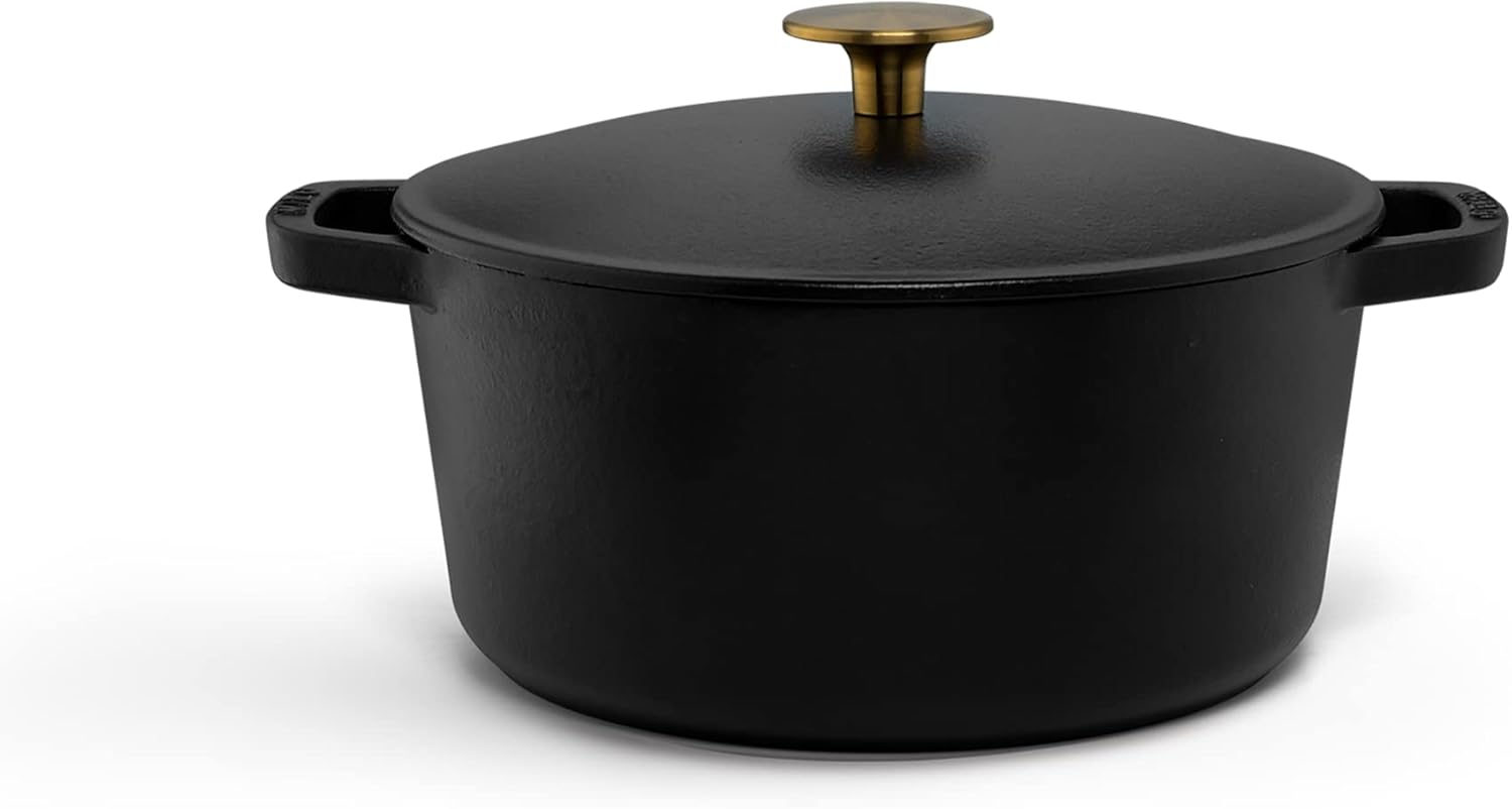 Milo by Kana 3.5-quart Enameled Cast Iron Dutch Oven with Lid | Premium Casserole Cooking Pot | Enamel Coating Inside and Out | Oven Safe and Dishwasher Friendly (Black with Gold Knob)