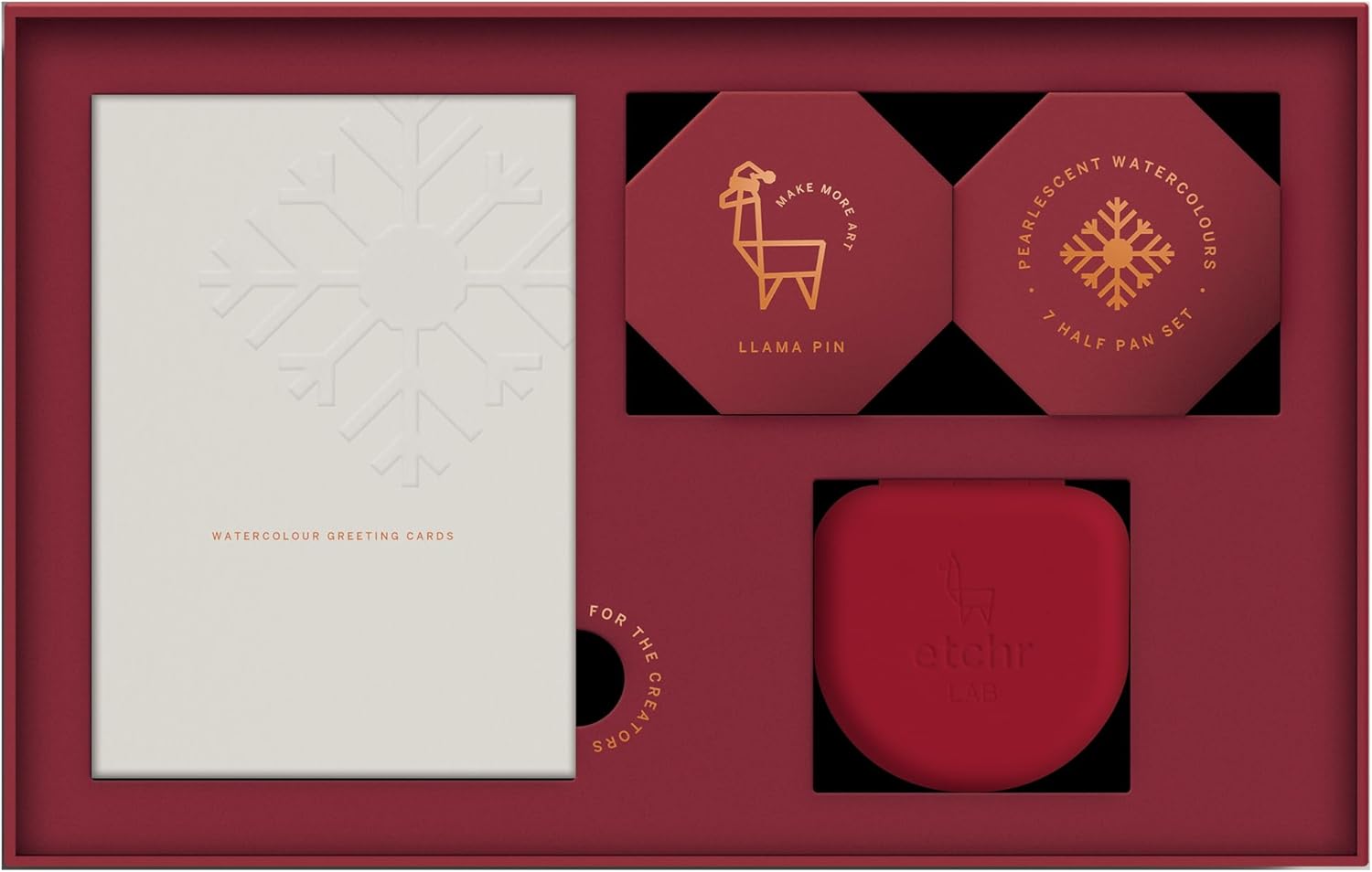 ETCHR Holiday Watercolor Gift Set – Cranberry Edition | Limited-Edition Pocket Palette with 7 Festive Colors, 5 Greeting Cards & Collectible Llama Pin – Gift for Artists