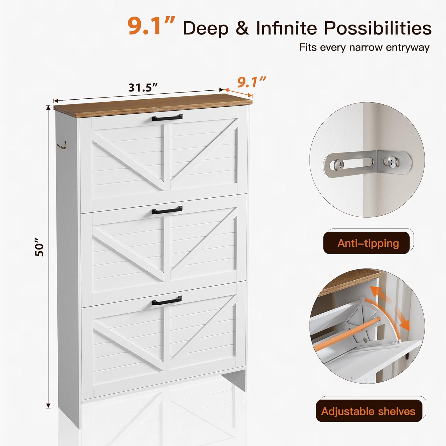 Nicetree Shoe Storage Cabinet for Entryway, Freestanding Fluted Accent Ultra Slim Shoe Cabinet with 3 Flip Drawers, Farmhouse Shoe Rack with 3-Tier Adjustable Shelves for Hallway Foyer Rustic-White