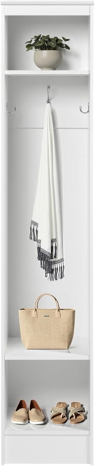 Prepac Narrow Coat Rack Freestanding Hall Tree with 3 Hooks, Entryway Furniture for Coat and Shoe Storage, Entryway Organization with an Adjustable Shelf, 14.75