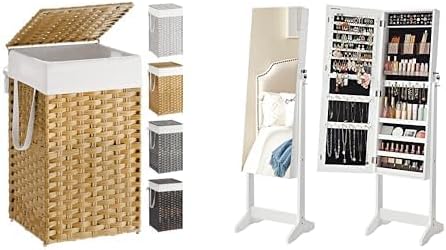 SONGMICS Laundry Hamper with Lid, Jewelry Cabinet Armoire with 2 Plastic Cosmetic Storage, ULCB165N01 and UJJC002W01