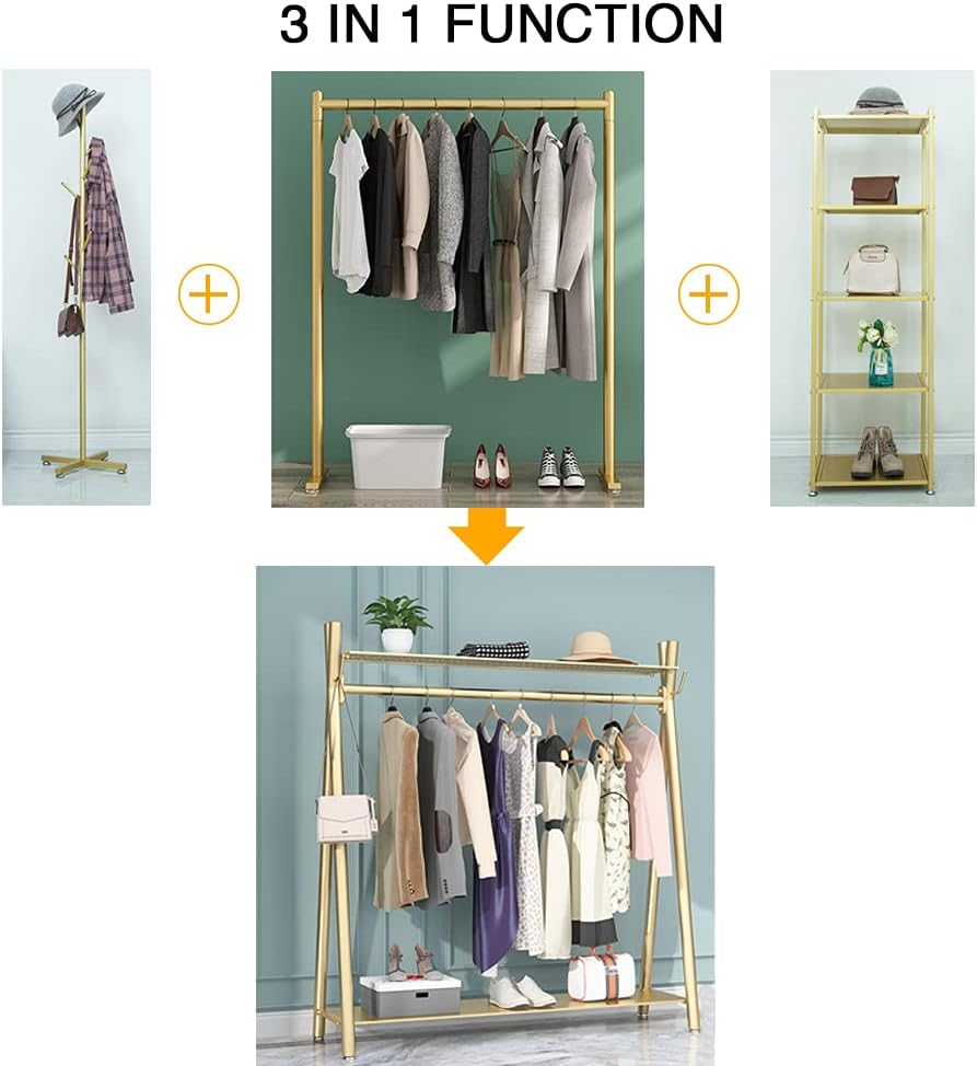 Clothes rack Gold, Freestanding Industrial Garment Rack with Double shelves Multi-functional Bedroom Hanging Clothing Rack,Heavy Duty Movable Coat Rack for Organizing Clothes and Shoes (39'' L)