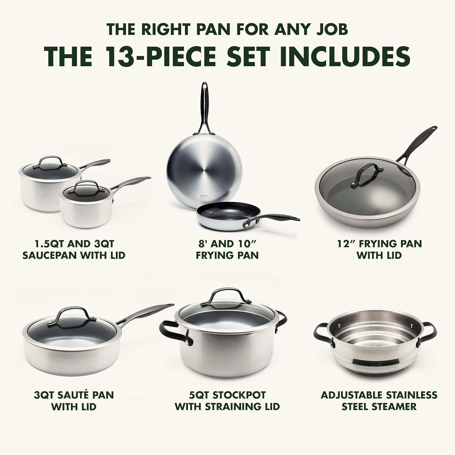 GreenPan Venice Pro Noir Tri-Ply Stainless Steel Healthy Ceramic Nonstick 13 Piece Cookware Pots and Pans Set, Matte Black Handle, PFAS-Free, Multi Clad, Induction, Dishwasher Safe, Oven Safe, Silver