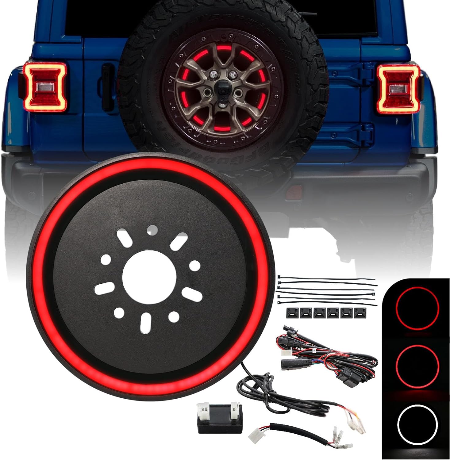 USR 2018+ JL WRANGLER Spare Tire 3rd Third Brake SWITCHBACK Red/White LED HALO Wheel Light Compatible with 2018-2024 Jeep Wrangler JL w/OEM LED Tail Models (Plug & Play, Running+Brake+Reverse)