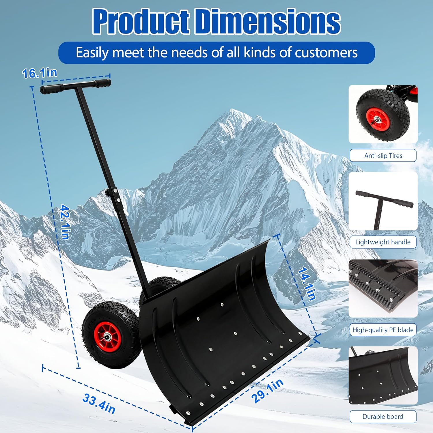 30 Inch Heavy-Duty Metal Snow Pusher with 2 Wheels | Adjustable Handle Angle & Height for Effortless Clearing | Ergonomic Double-Rod Design for Driveway & Sidewalk (29.1