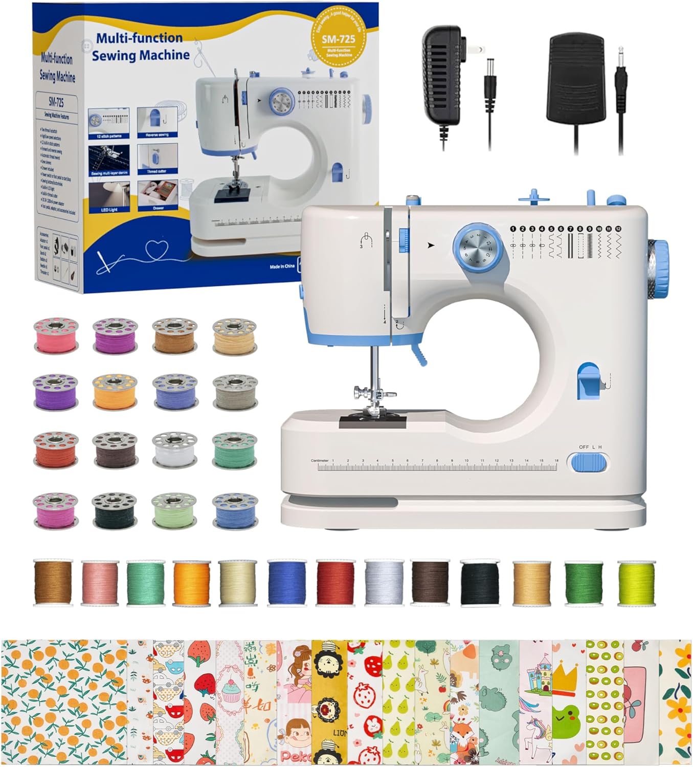 Portable Sewing Machine, Lncludes Beginner Basic Sewing Machine Kit, 12 Stitch Patterns Built-In, Versatile 2-Speed Foot Pedal, Great for Beginners, Adults, Home Use - Blue and White