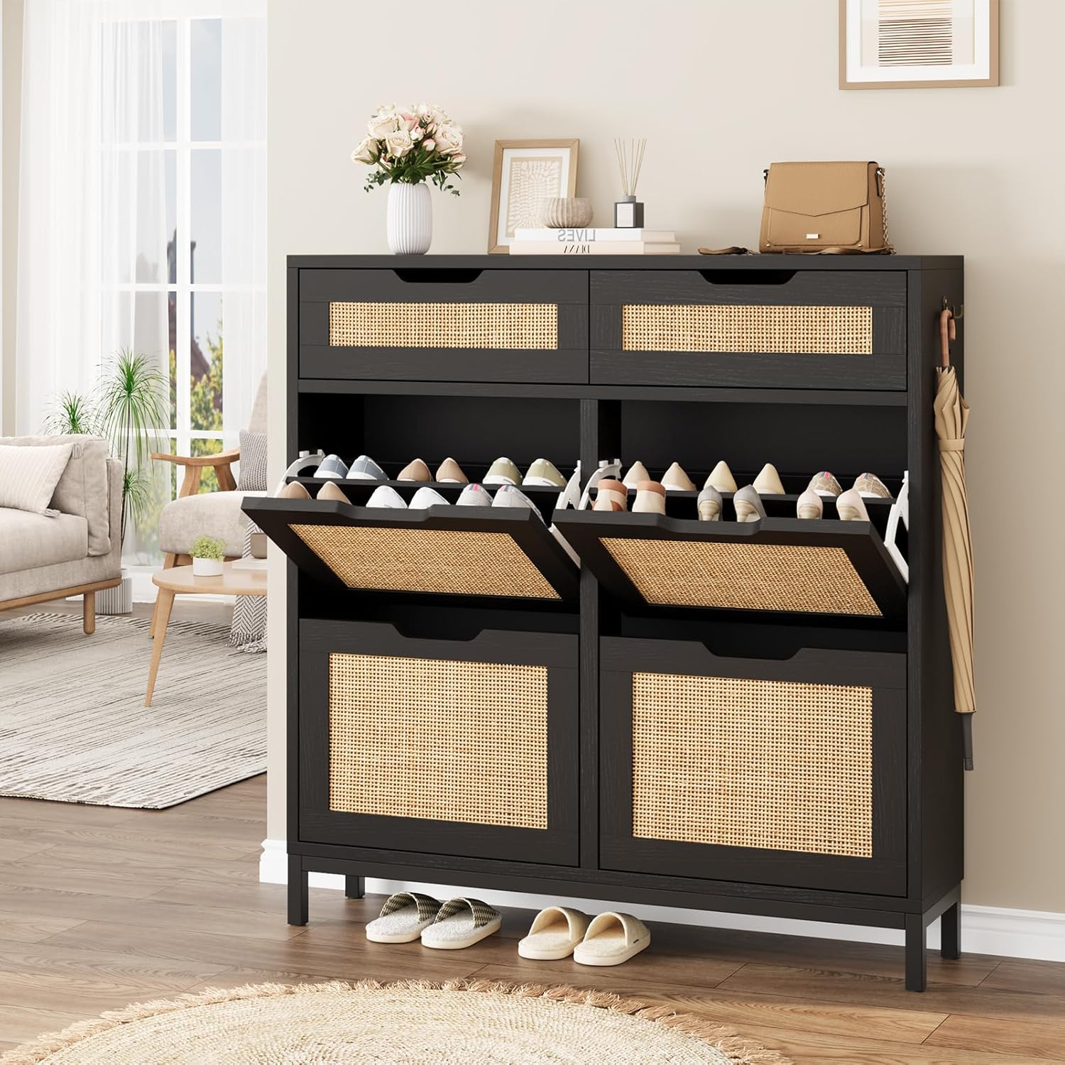 Shoe Organizer Cabinet for Entryway - Black Rattan Shoe Storage with 4 Flip Drawers, Narrow Shoe Rack for Hallway, Living Room