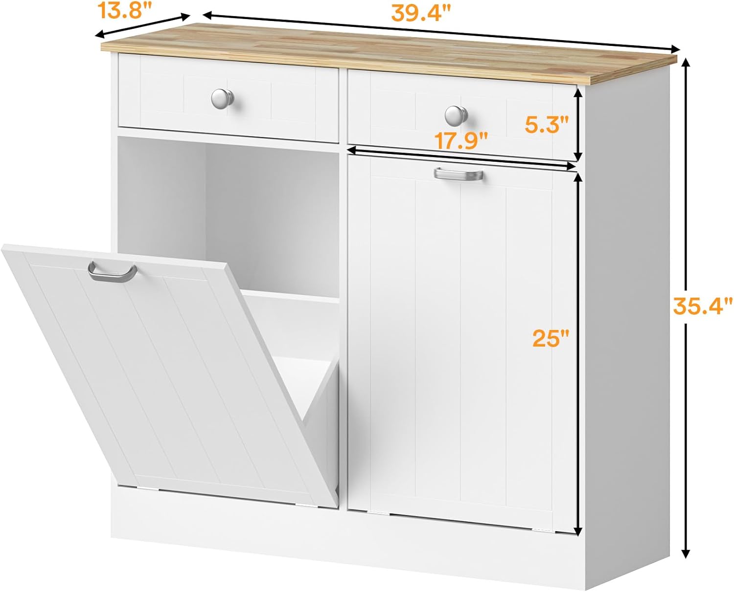 Rovibek Double Tilt Out Trash Can Cabinet with Storage Drawers - Freestanding White Garbage Can Cabinet, 20 Gallon Hidden Trash Can Cabinet for Kitchen Dining Living Room