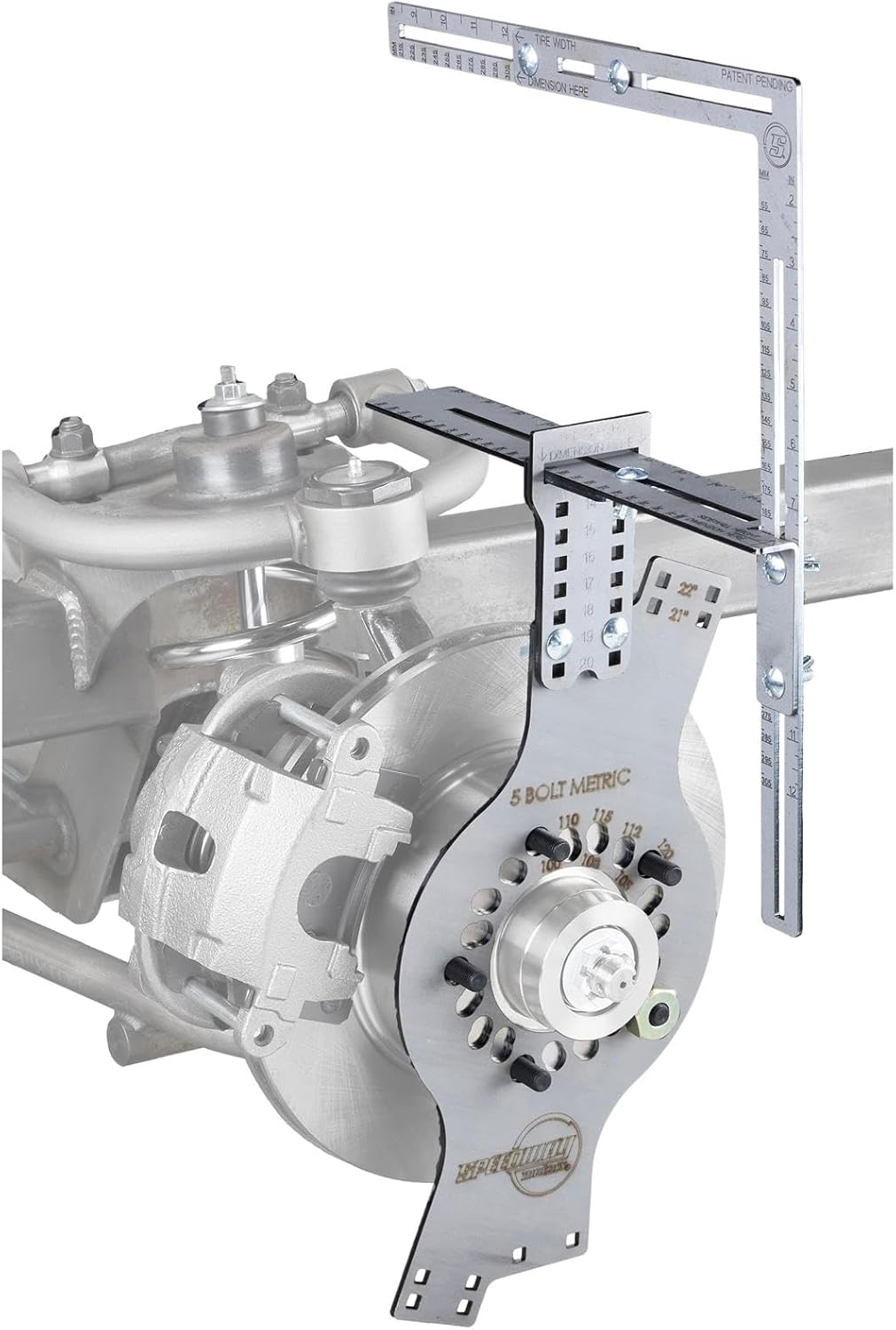 Speedway Motors WheelWise™ 5-Lug Metric Wheel Fitment Tool with Tire Size Attachment, Simulates 14-22 Inch Rim Diameters, 8-14 Inch Widths, 2.5-11.5 Inch Sidewalls, Laser Cut Steel