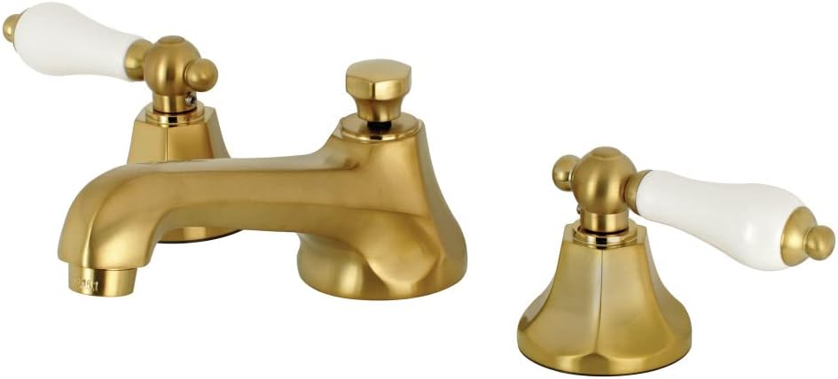 Kingston Brass KS4462PL Metropolitan Widespread Lavatory Faucet with Porcelain Lever Handle, Polished Brass, 8-Inch Adjustable Center