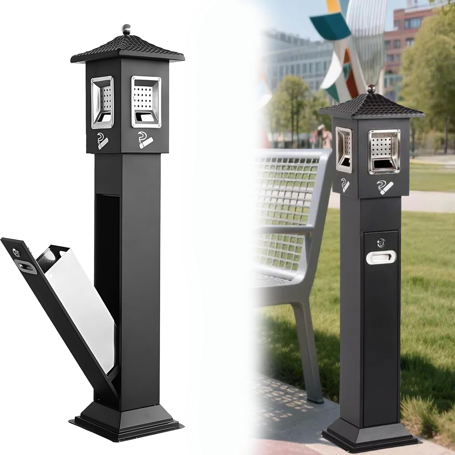 Standing Trash Can - 48inch Tall Outdoor/Indoor Waste Bin with Key Lock, Commercial Grade Metal Construction for Offices/Lobbies/Garden