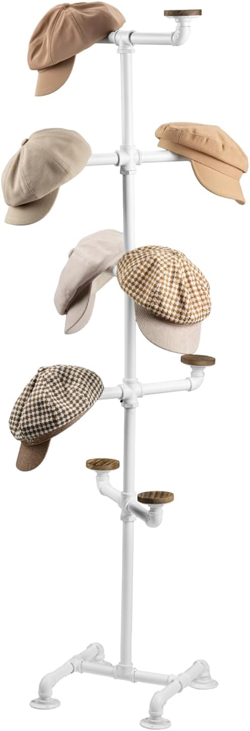 MyGift Modern White Metal Pipe Hat Stand Rack with 10 Round Rustic Burnt Solid Wood Hangers, Decorative Entryway Stand Pipework Hooks for Hanging Hats or Wigs