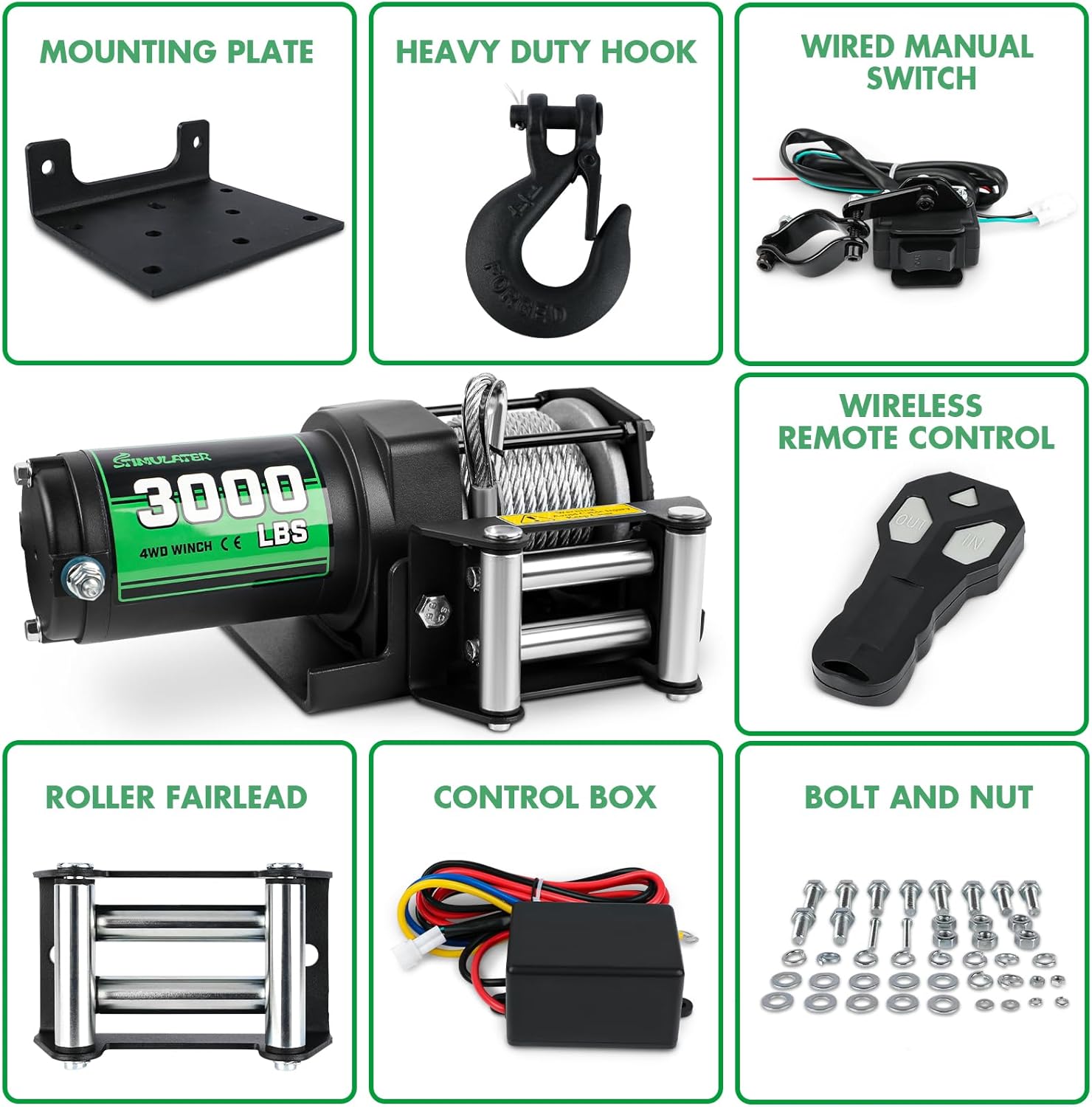 STIMULATER 3000lb ATV Winch,Electric Winch 12V,Steel Cable Winch, with Wireless Remote and Manual Switch, with Hawse Fairlead & Hook,IP67 Waterproof,Suitable for Most Trailers and ATV winchs