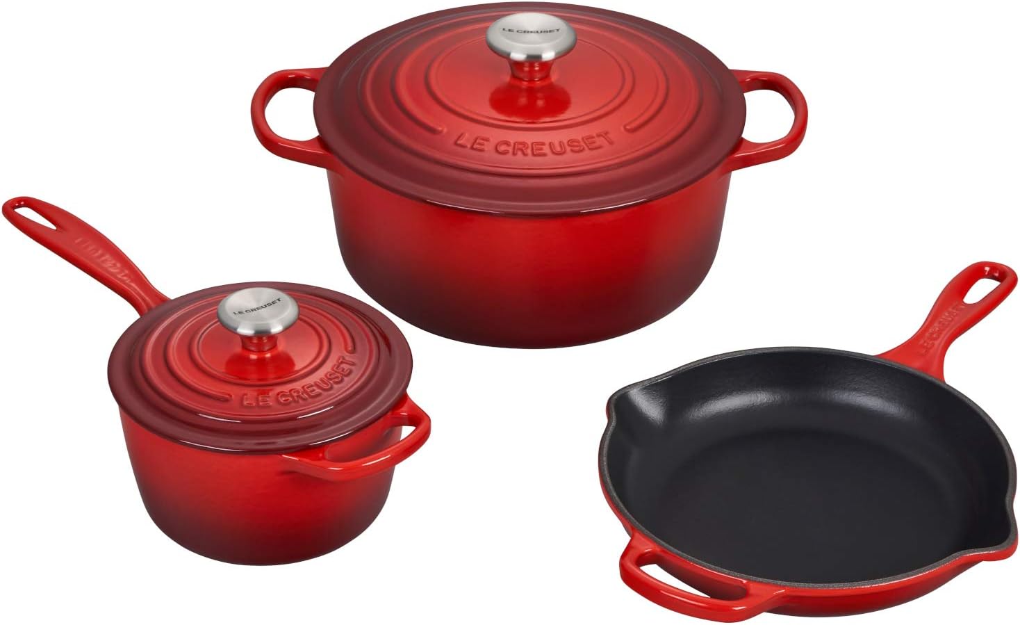 Le Creuset Signature Cerise Enameled Cast Iron 5 Piece Cookware Set with Stainless Steel Knobs