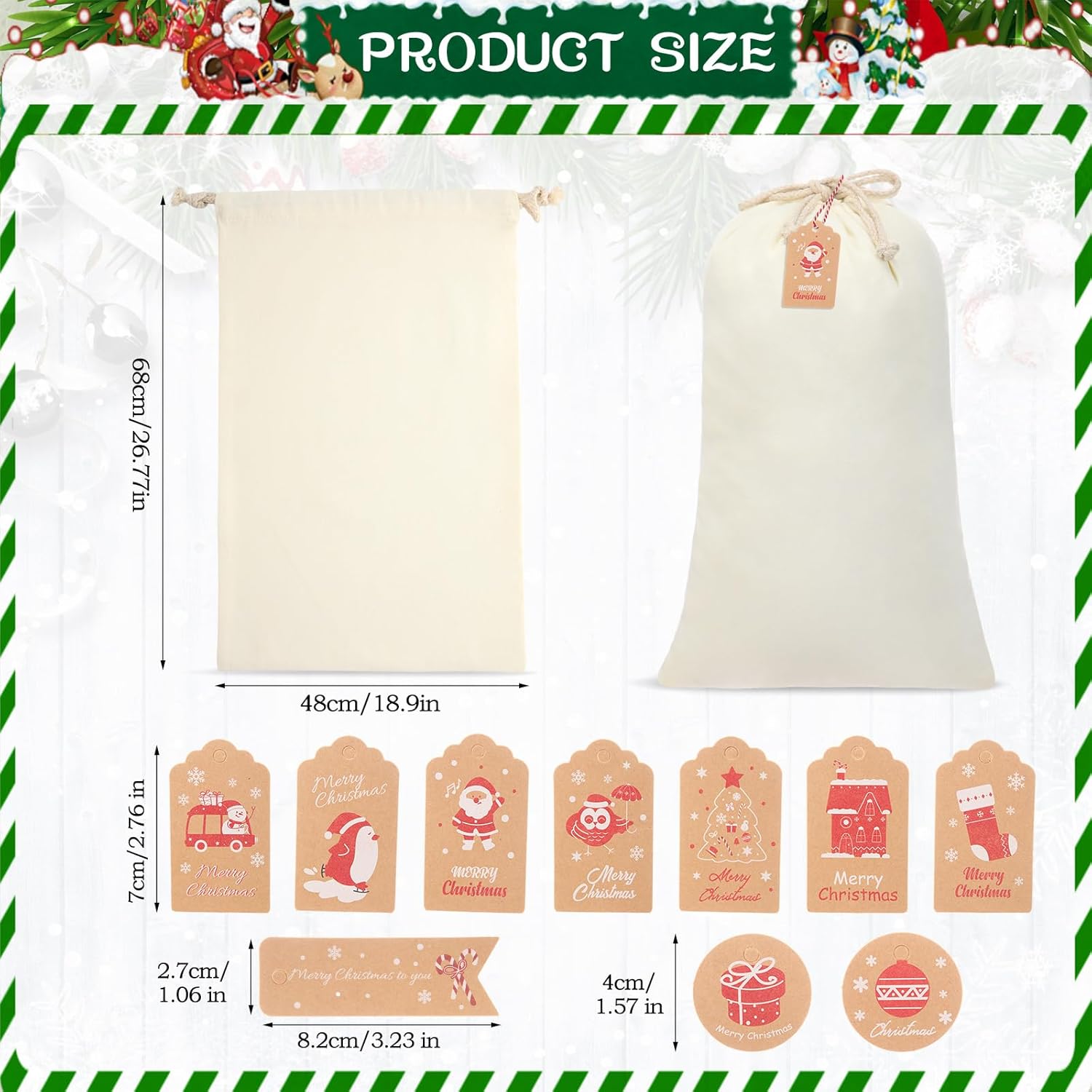 Clysee 24 Pcs Sublimation Blank Christmas Santa Bags Large Christmas Gift Bags Xmas Cheese Cloths Muslin Drawstring with 50 Kraft Paper Tags and Strings for DIY, 26.8 x 18.9 Inch