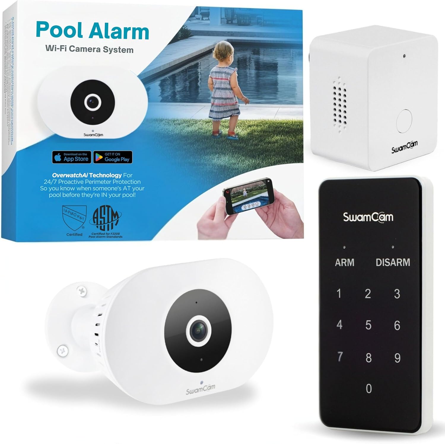 SwamCam Pool Alarm Wi-Fi Camera System – ASTM F2208 Certified – Smart Pool Safety System for Inground & Above Ground Pools – Real-Time Alerts, Live View, Built-in Wi-Fi Repeater – 2025 Model