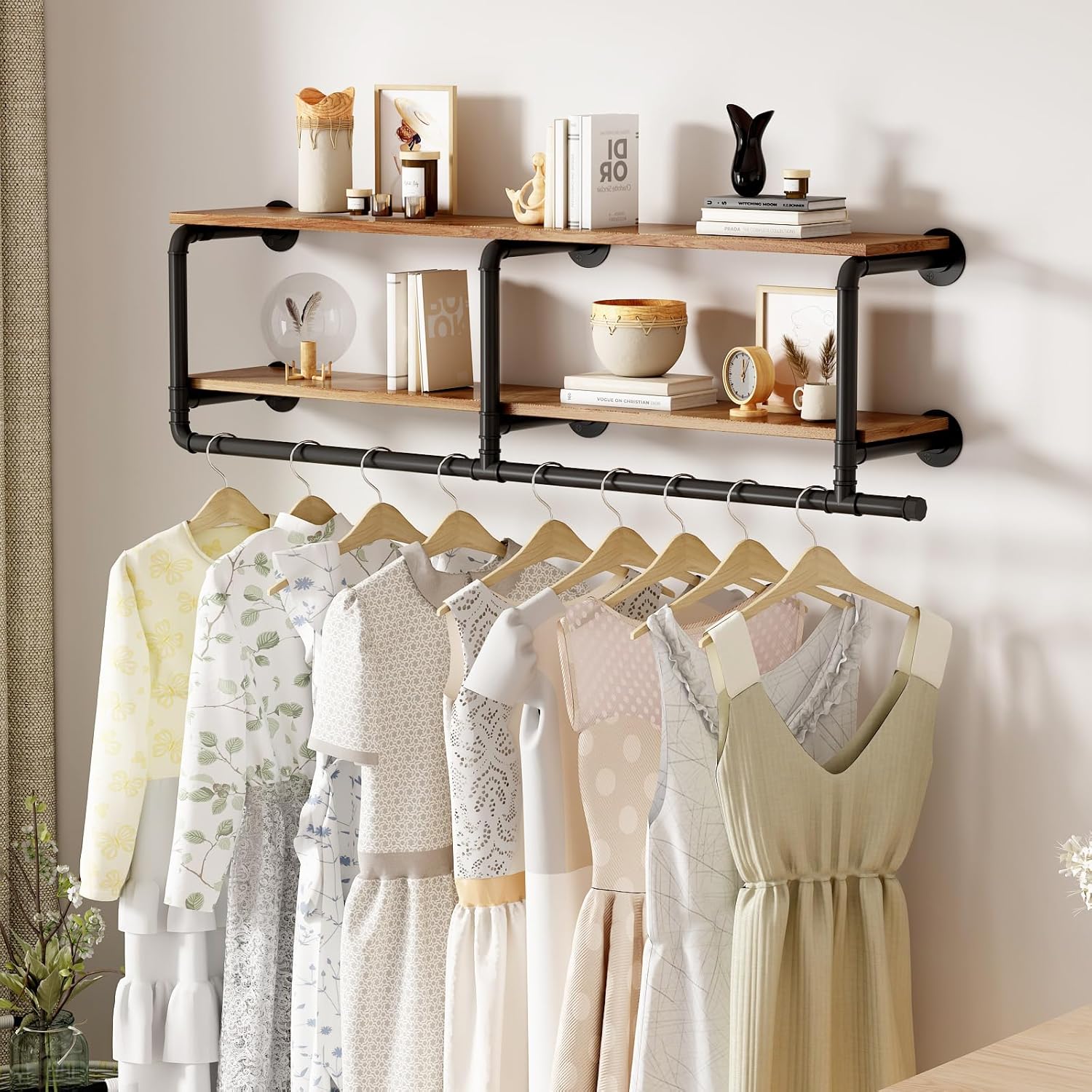 ORSENIGO Industrial Pipe Clothing Rack with Shelves, Gold Wall Mounted Clothes Rack for Home Retail