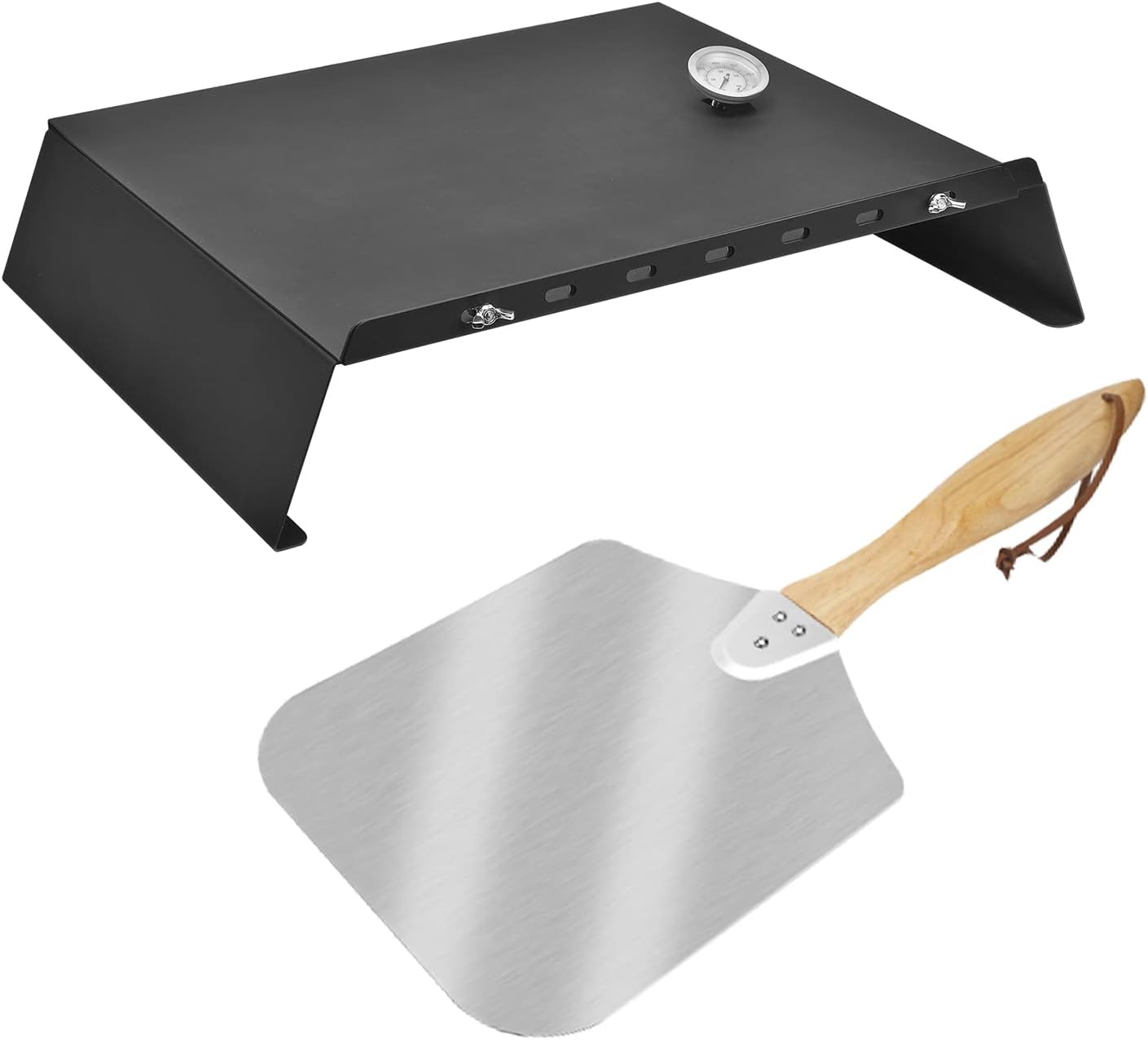 Skyflame 13.5-Inch x 16-Inch Aluminum Pizza Peel with Wooden Handle and Universal Stainless Steel Pizza Oven Kit with 20-30 inch Adjustable Width