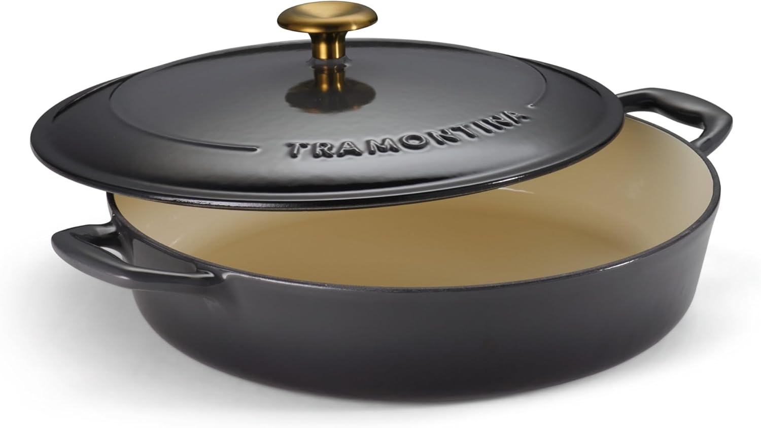 Tramontina Bestow Enameled Cast Iron Braiser Pan with Lid, 4-quart, Smoke with Gold Knob