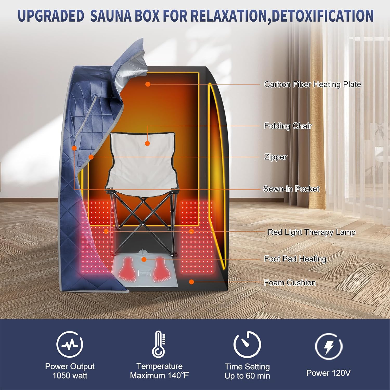 Portable Infrared Home Sauna with 660nm Red Light Therapy Lamp, Personal Sauna for Relaxtion & Detox at Home, Separate Heating Foot Pad and Portable Upgrade Reinforced Chair