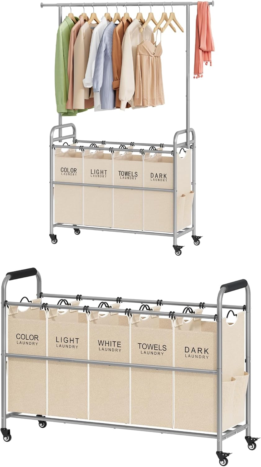 4 Section Laundry Sorter with Hanging Bar Plus 5 Bag Laundry Sorter Cart