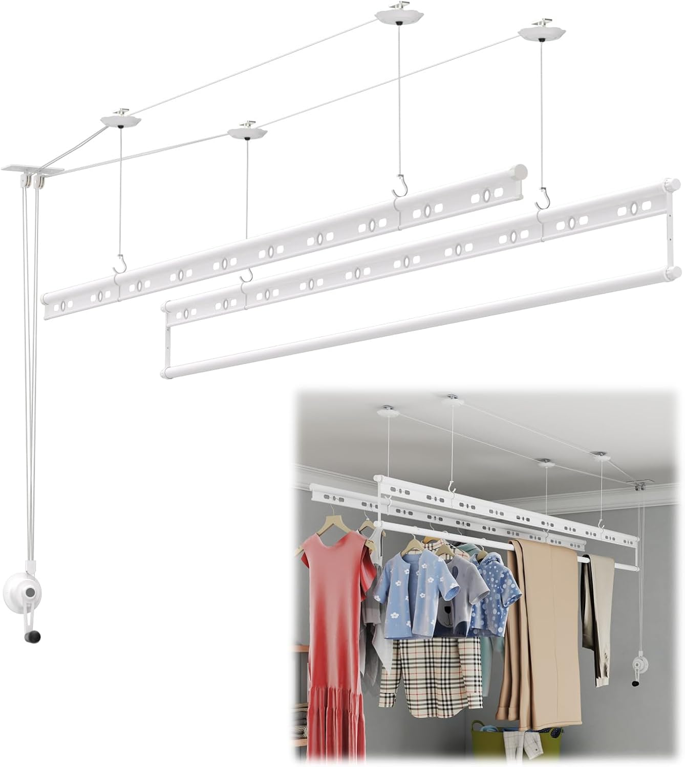 Mounted Ceiling Drying Rack ，White Ceiling Clothes Rack，6.6ft Three Rod Ceiling Mounted Drying Rack，Suitable for Space-Saving Laundry Rooms, Garages, and Apartment Balconies