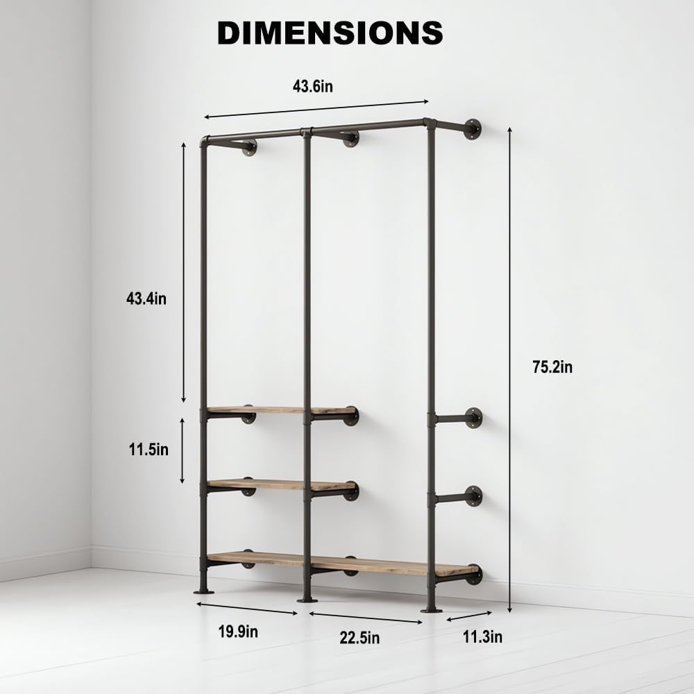 Industrial Pipe Clothing Rack with Shelves, Wall Mounted Garment Rack, Heavy Duty Choset Clothes Rack for Indoor Bedroom and as walk-in Closet System(Black)