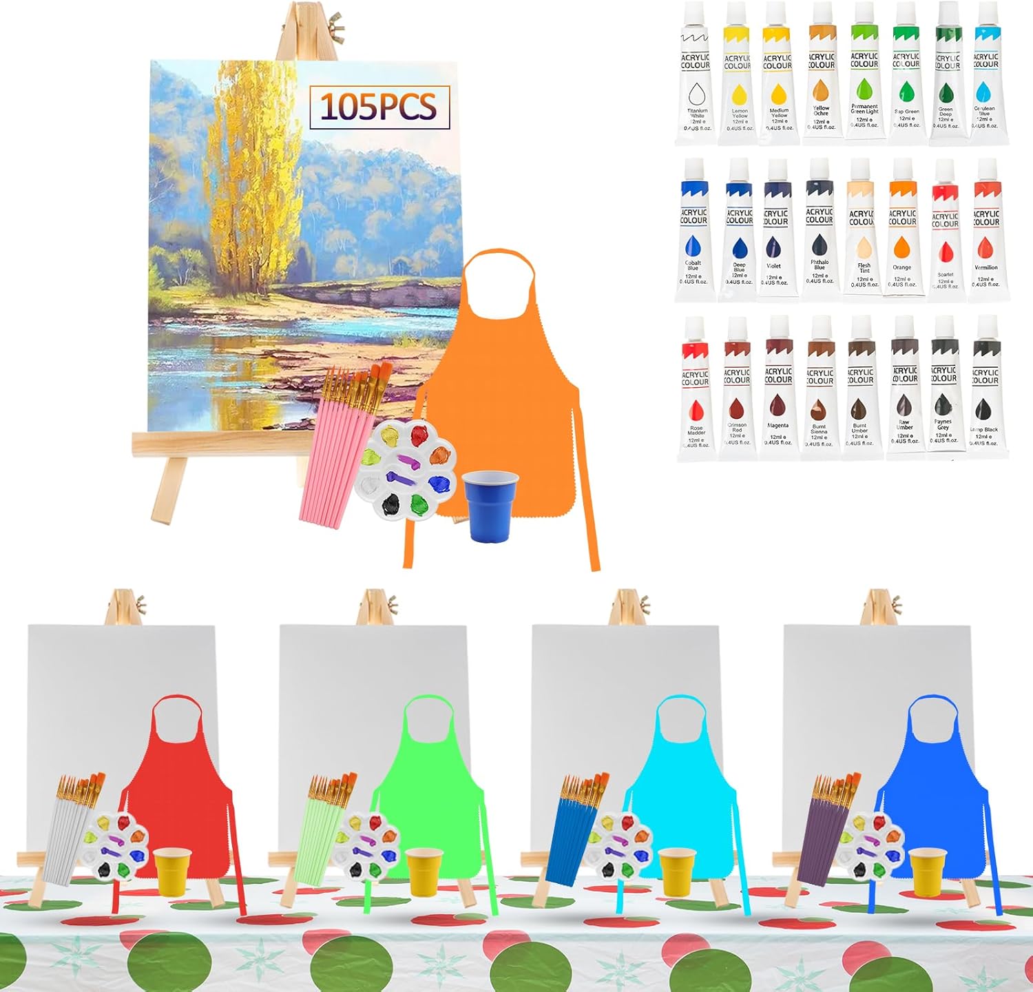 217 Pcs Art Painting Kit Supplies Set for Kids to Party - 120 Paint Brushes, 24 Acrylic Paints, 12 Wood Easels & Canvas Panels & Palettes & Aprons & Wash Pen Cup, 1 Plastic Tablecloth