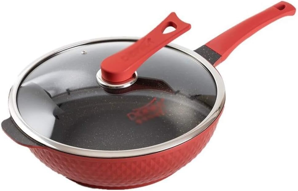 32CM Maifan Stone Wok Non-Stick Frying Pan Oil-Free Smoke Pot with Gas Induction Cooker Universal (Color : Red)