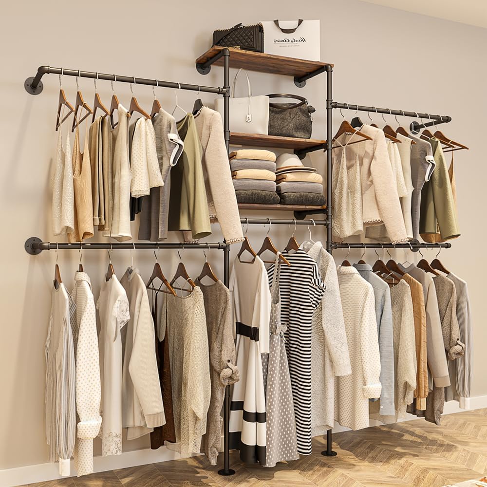 Heavy Duty Gold Pipe Clothing Rack - Wall Mounted Industrial Clothes Rack, DIY Corner Closet System with Shelves, Adjustable Walk-in Closet Organizer (GOLD, 94.5