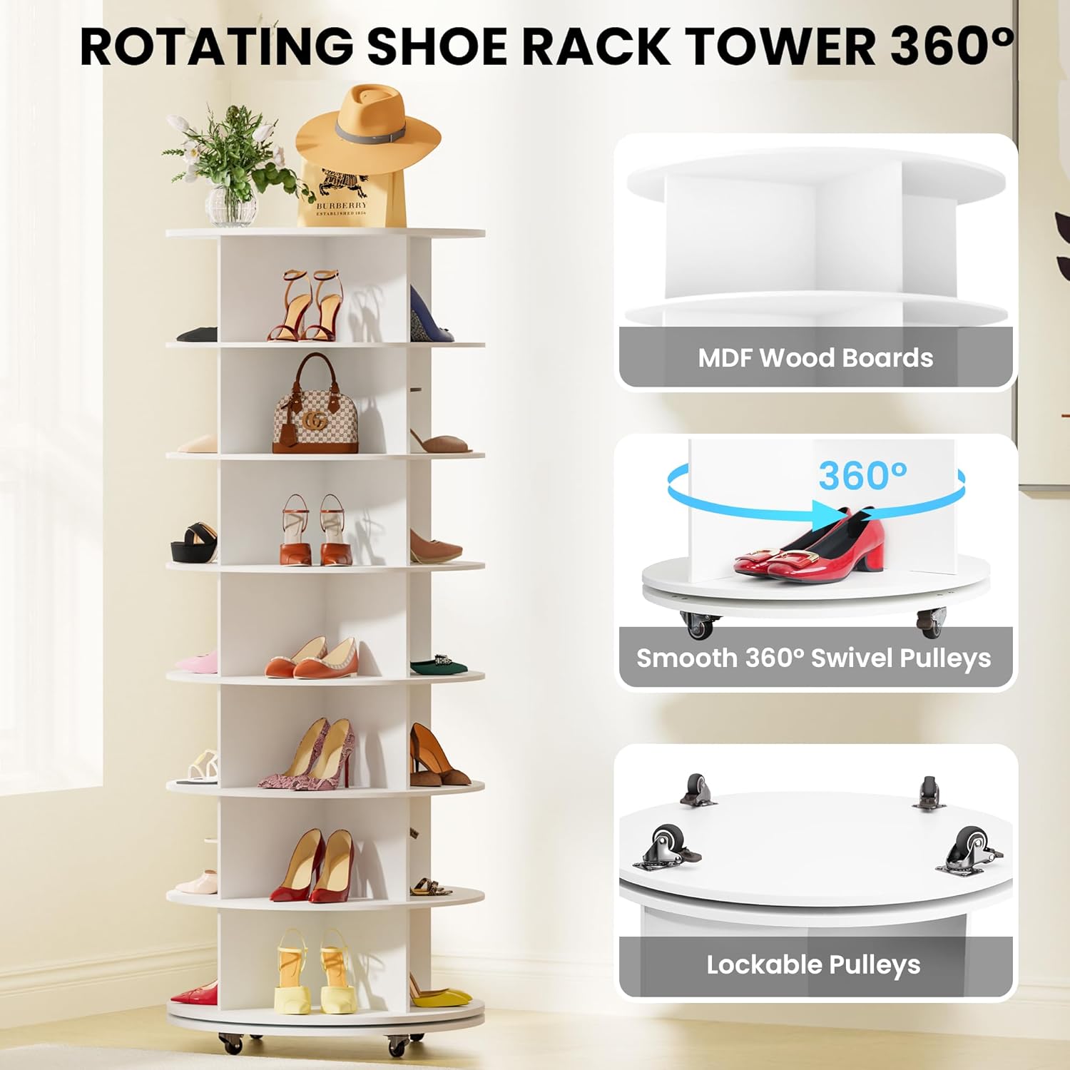 7-Tier Rotating Shoe Rack Tower 360 with Wheels, 66.9in Spinning Shoe Tower, Revolving Shoe Rack, Shoe Carousel Closet Organizer, Free Standing Shoe Rack for Entryway Living Room Hallway White